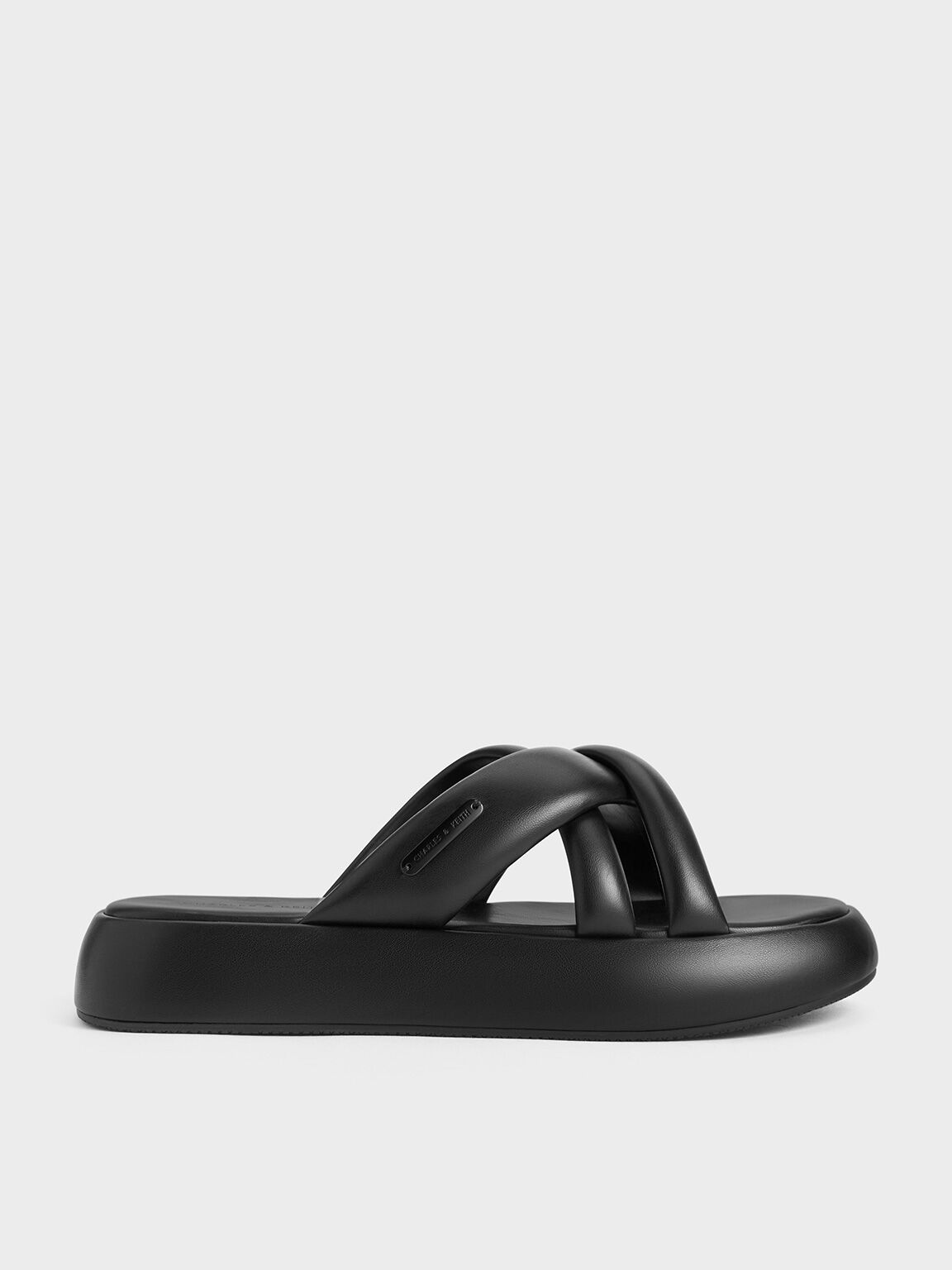 Puffy Crossover-Strap Slide Sandals, Black, hi-res