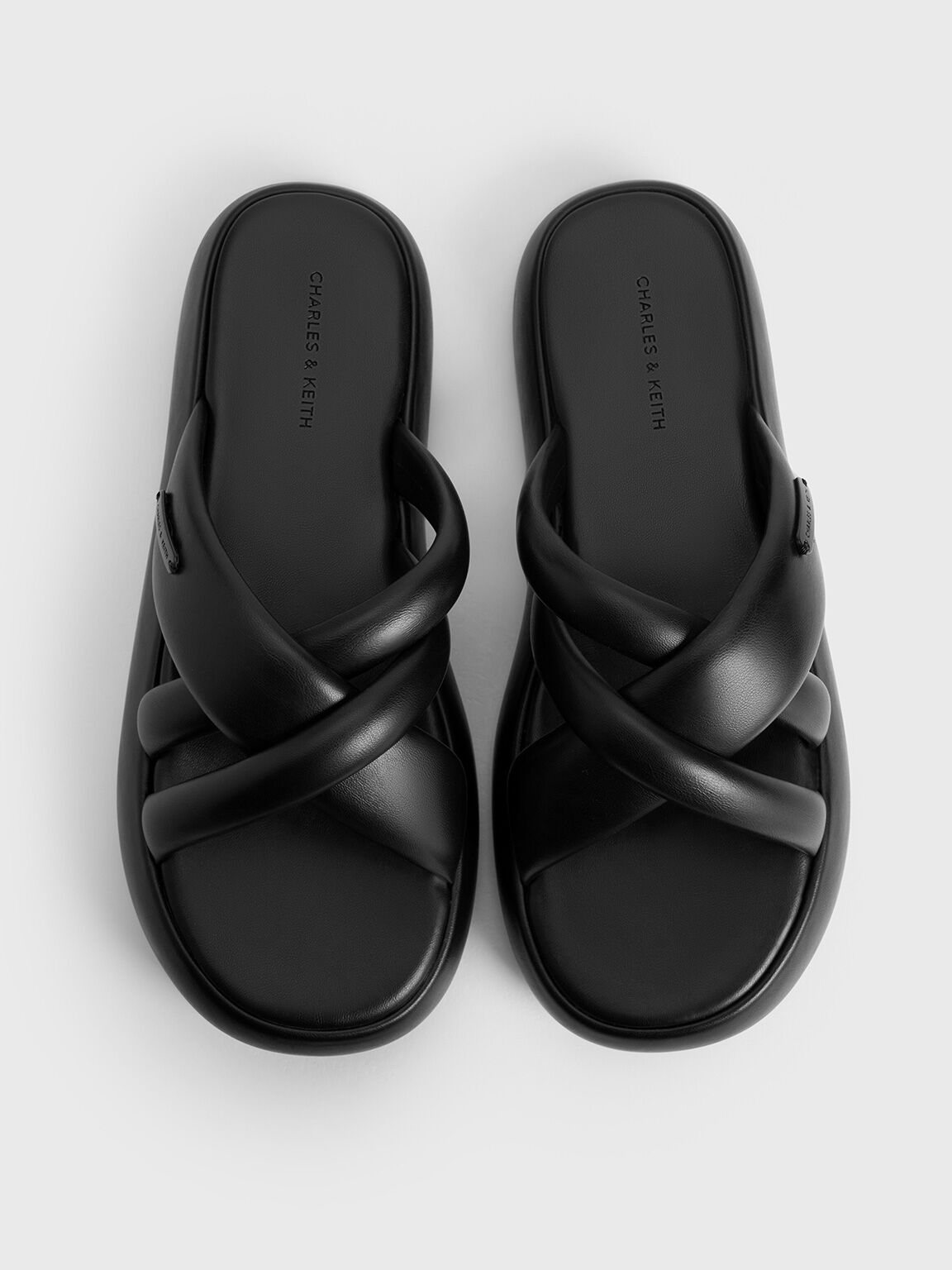 Puffy Crossover-Strap Slide Sandals, Black, hi-res