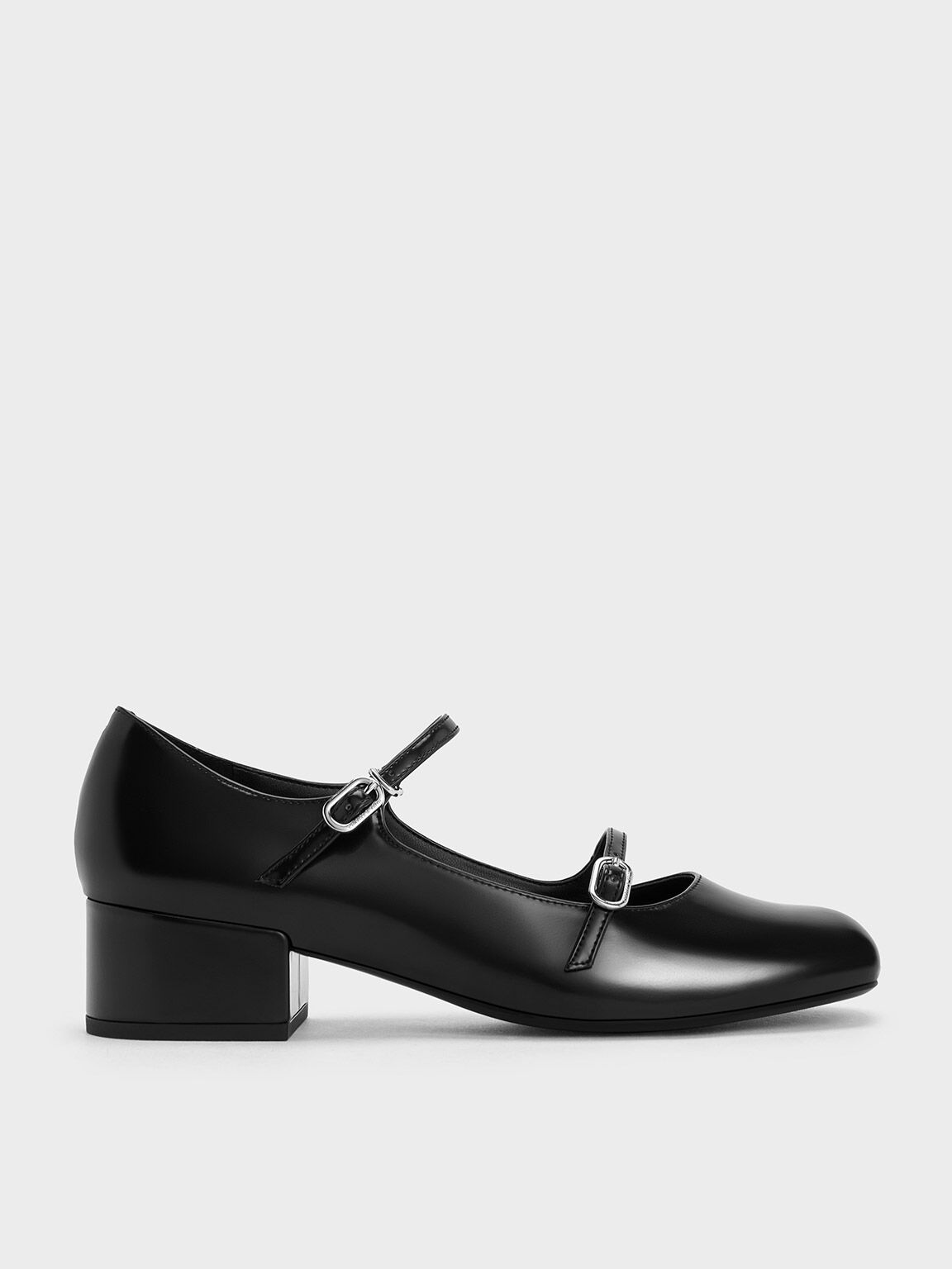 Giày cao gót mũi tròn Double-Strap Block-Heel, Đen bóng nhám, hi-res