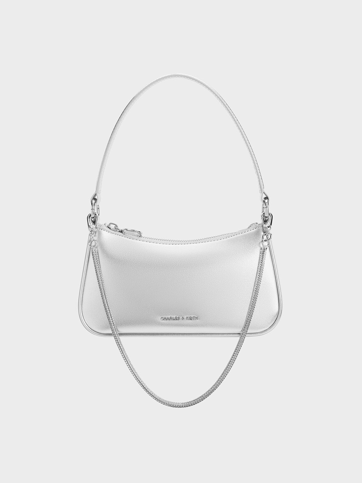 Metallic Curved Shoulder Bag, Silver, hi-res