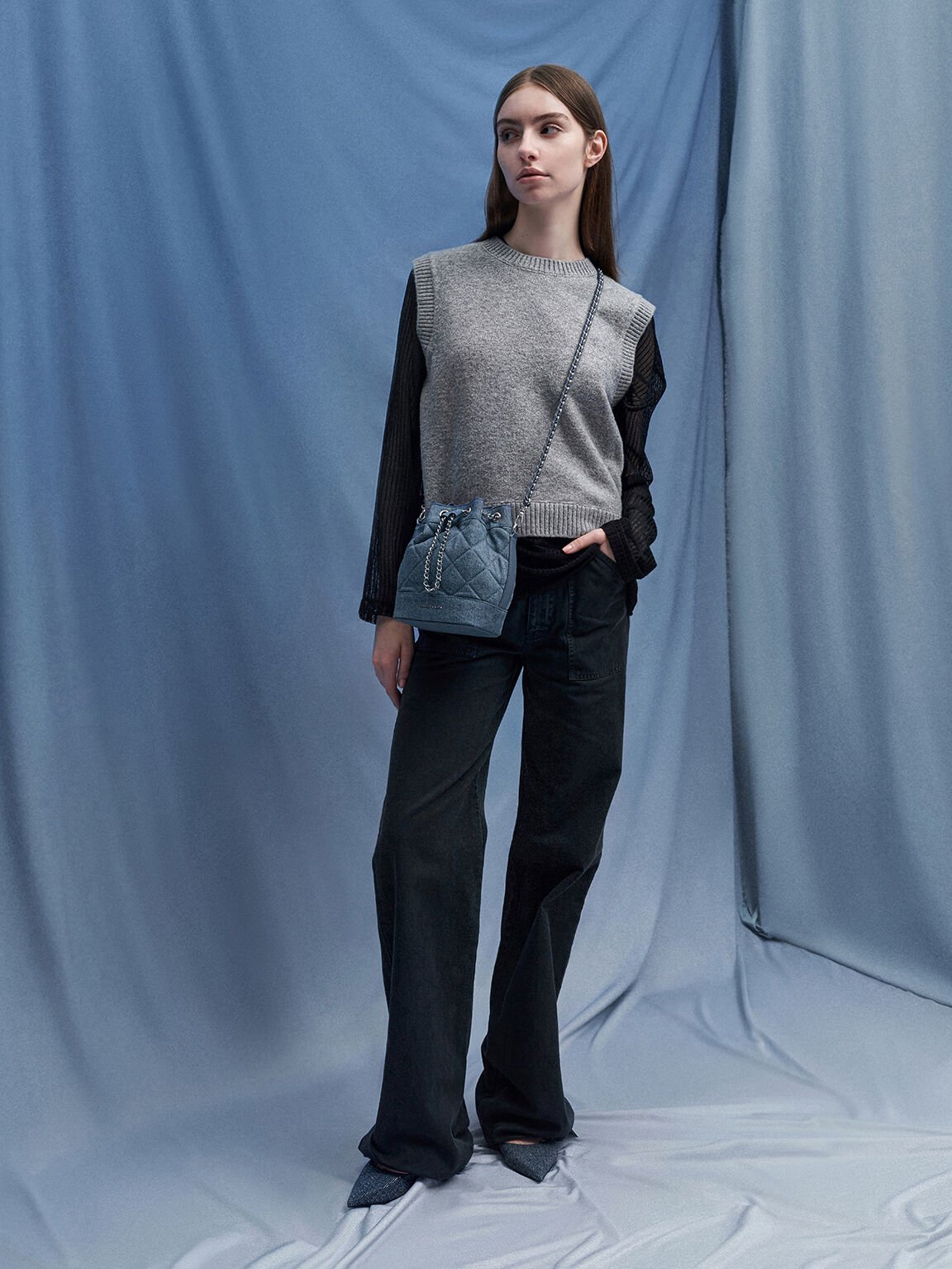 Quilted Denim Two-Way Bucket Bag, Denim Blue, hi-res