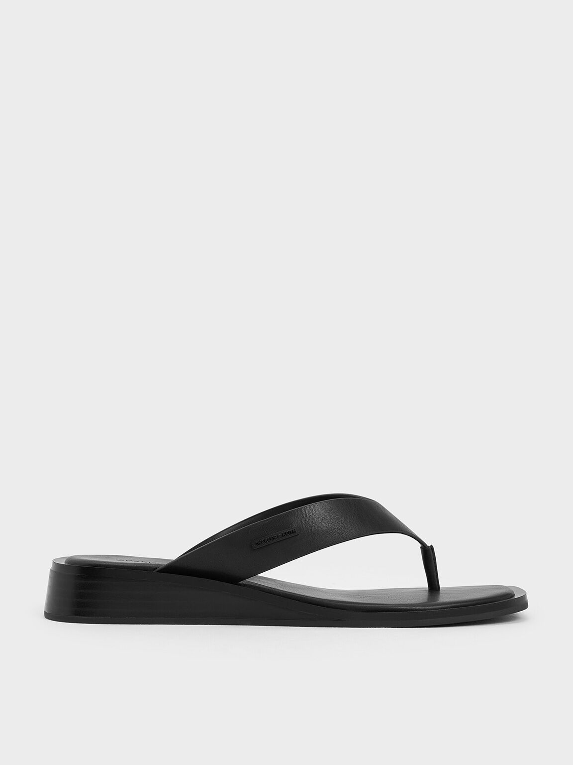 V-Strap Wedge Thong Sandals, Black, hi-res