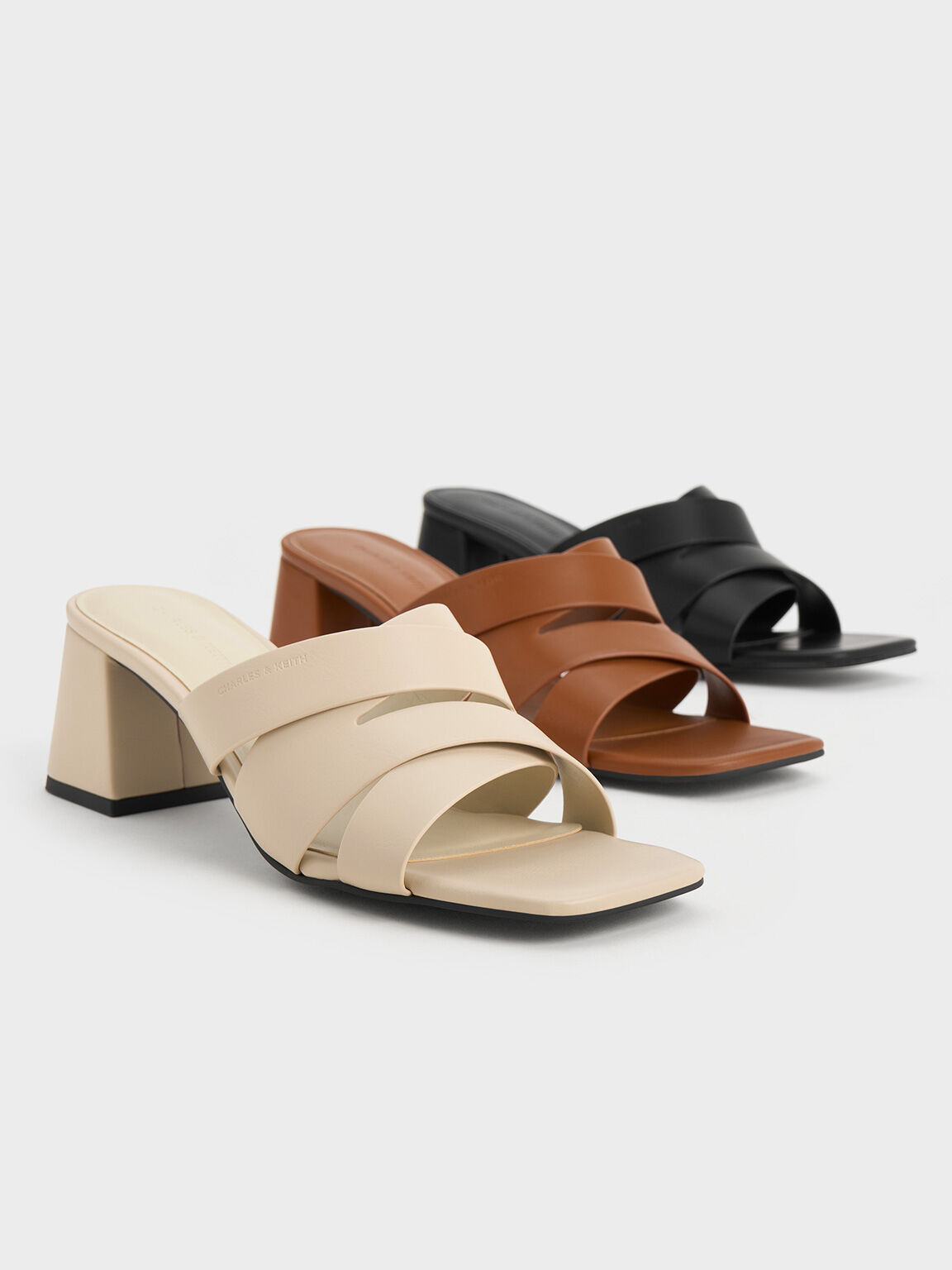 Giày mules cao gót Crossover-Strap Square-Toe Block-Heel, Be, hi-res