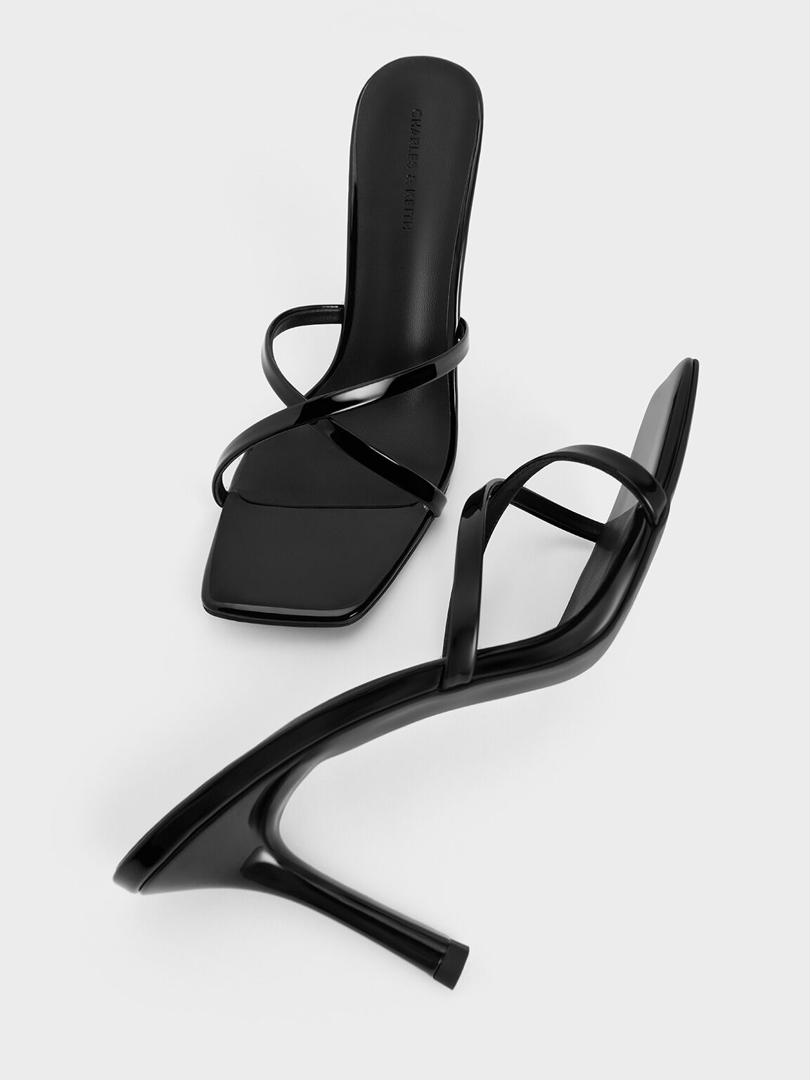 Patent Crossover-Strap Stiletto-Heel Sandals, Black Patent, hi-res