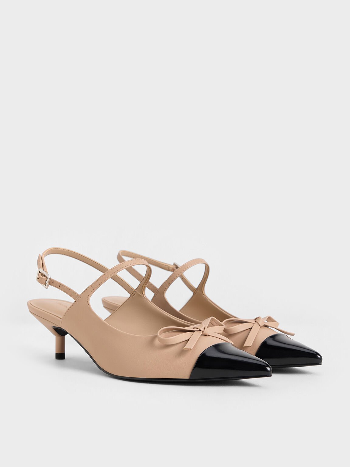 Bow Cap-Toe Kitten-Heel Slingback Pumps, Nude, hi-res