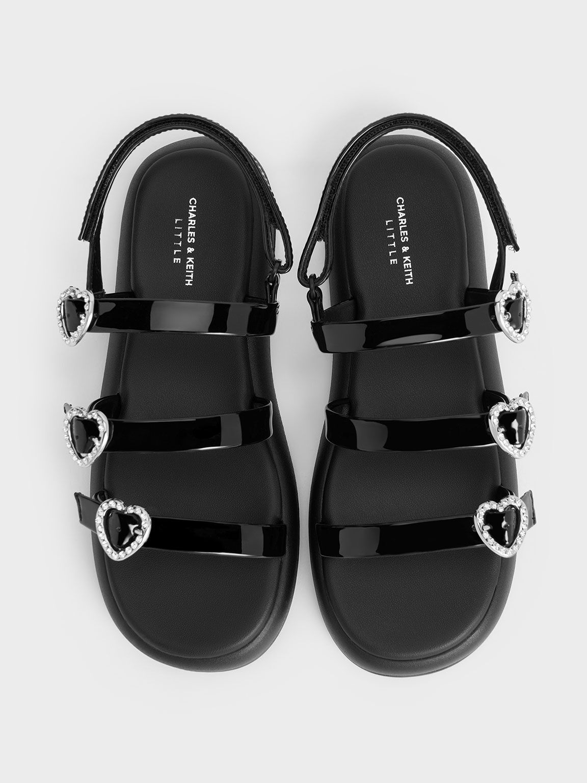 Giày sandals bé gái quai ngang Patent Heart-Embellished Strappy, Đen bóng, hi-res