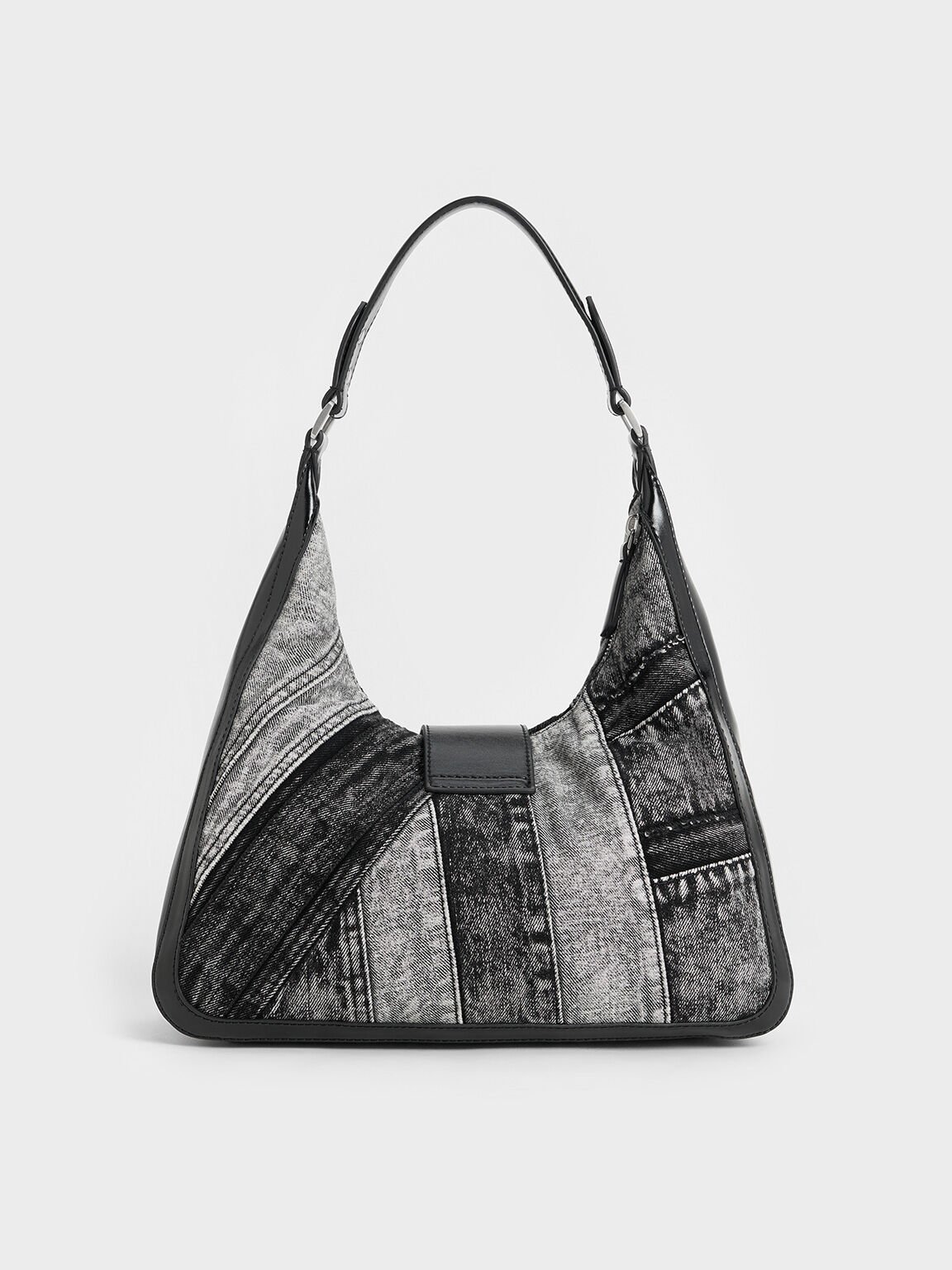 Túi đeo vai hình thang Charlot Patchwork Denim Hobo, Noir, hi-res