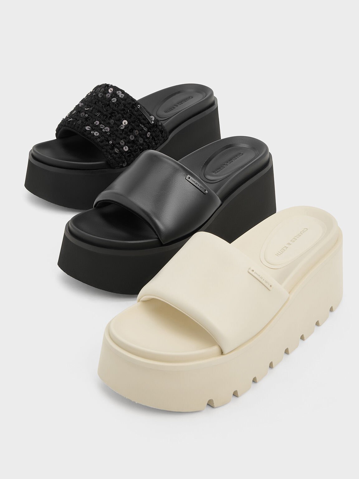 Puffy-Strap Flatform Sandals, Black, hi-res