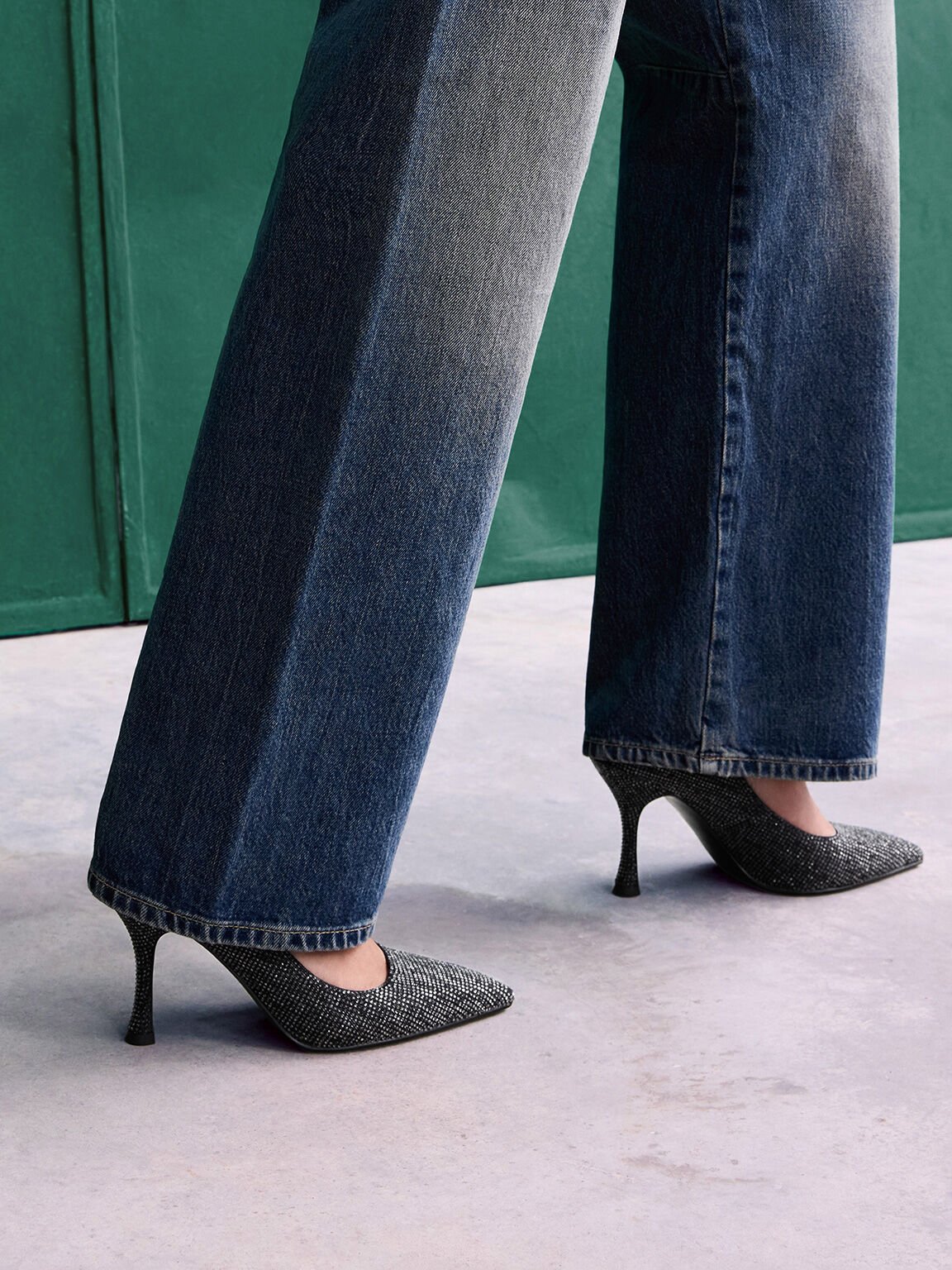 Denim Pointed-Toe Spool-Heel Pumps, Black Textured, hi-res