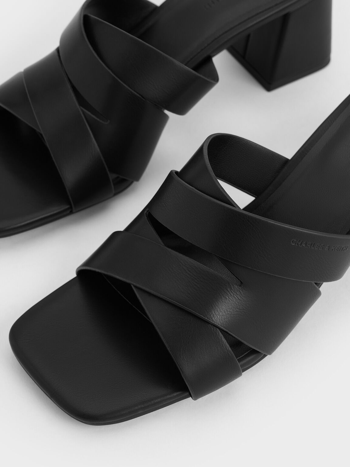 Giày mules cao gót Crossover-Strap Square-Toe Block-Heel, Đen, hi-res