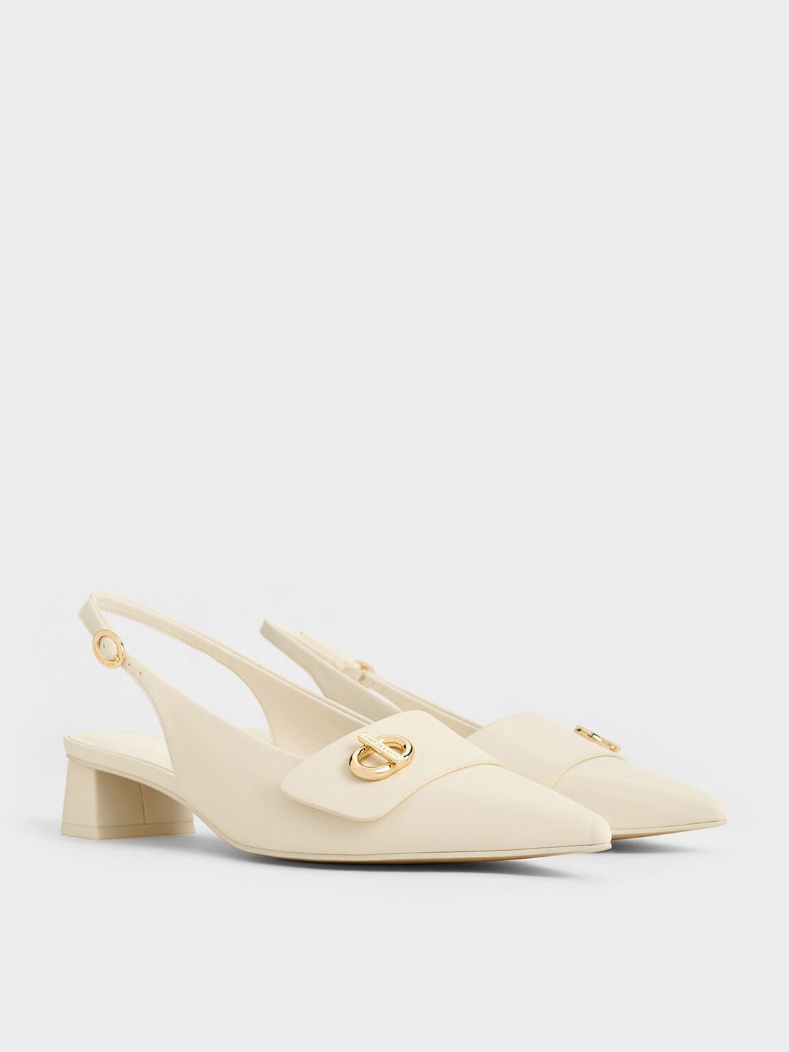 Metallic-Accent Pointed-Toe Slingback Pumps, Chalk, hi-res