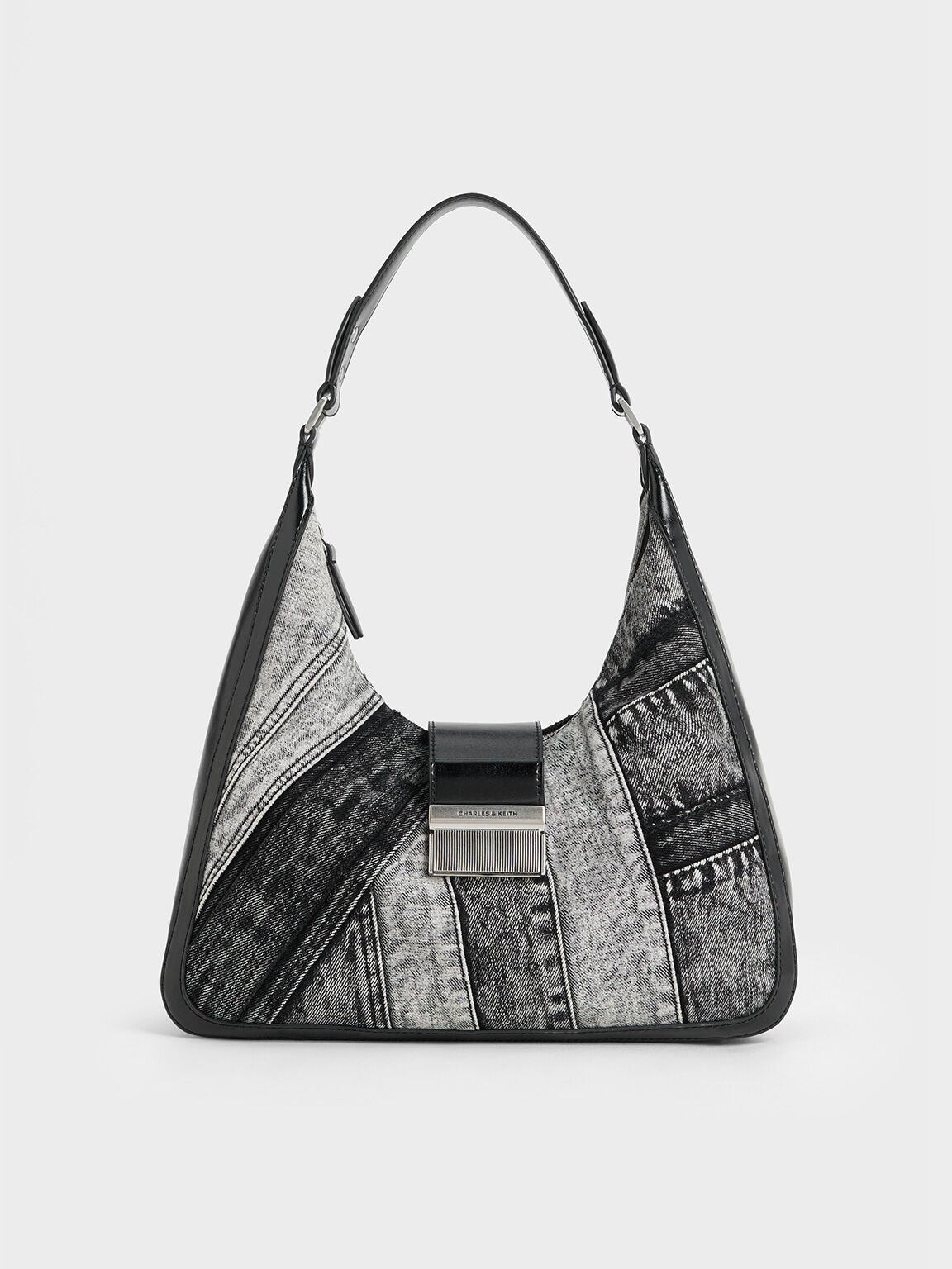 Túi đeo vai hình thang Charlot Patchwork Denim Hobo, Noir, hi-res