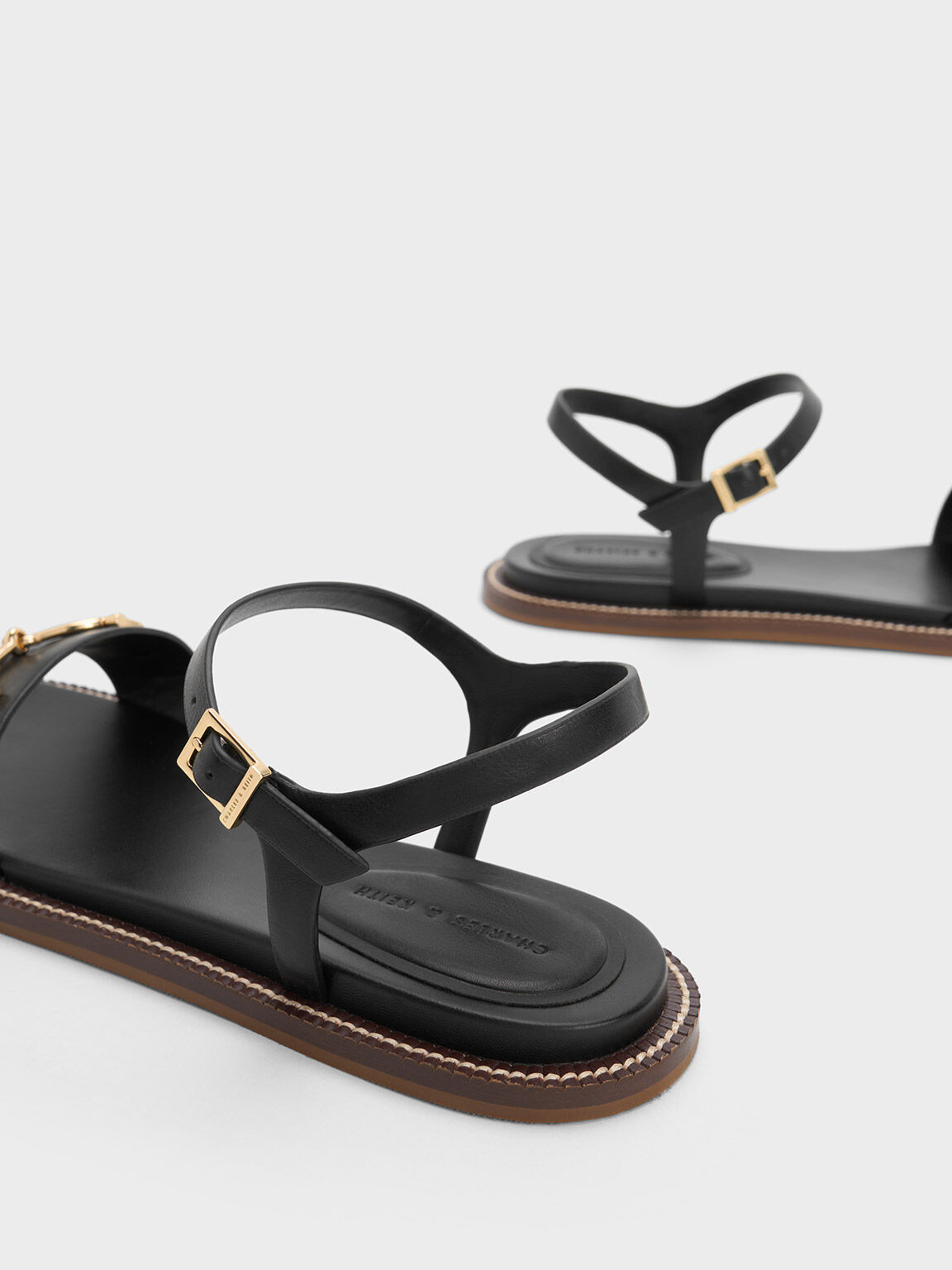 Burberry Black Leather Monogram Flat Sandals | ModeSens