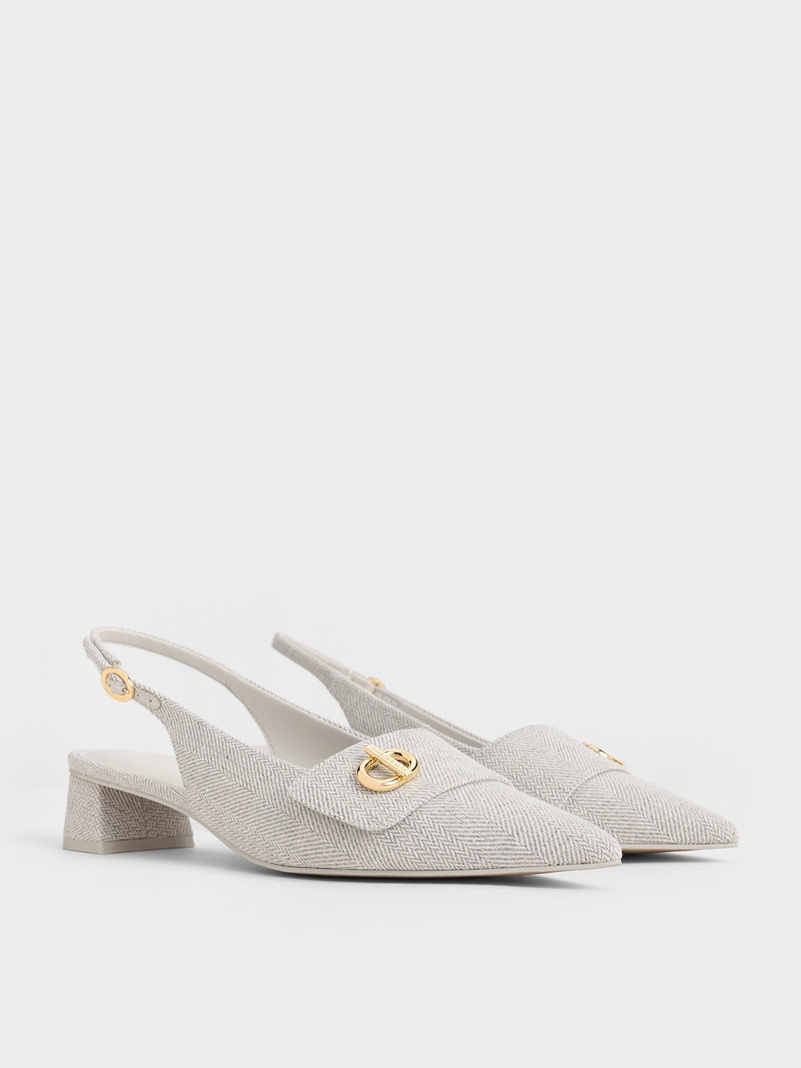 Tweed Metallic-Accent Pointed-Toe Slingback Pumps, Light Grey, hi-res