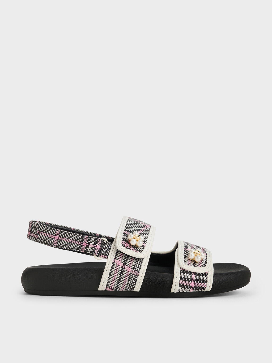 Girls' Plaid Beaded-Flower Sandals, Pink, hi-res