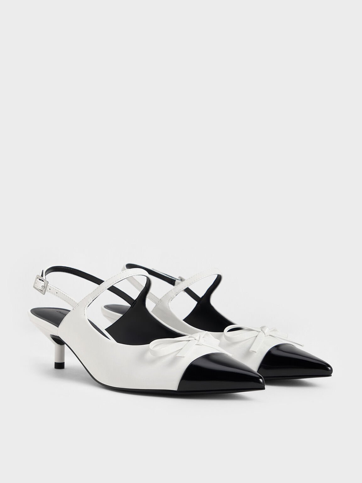 Bow Cap-Toe Kitten-Heel Slingback Pumps, White, hi-res