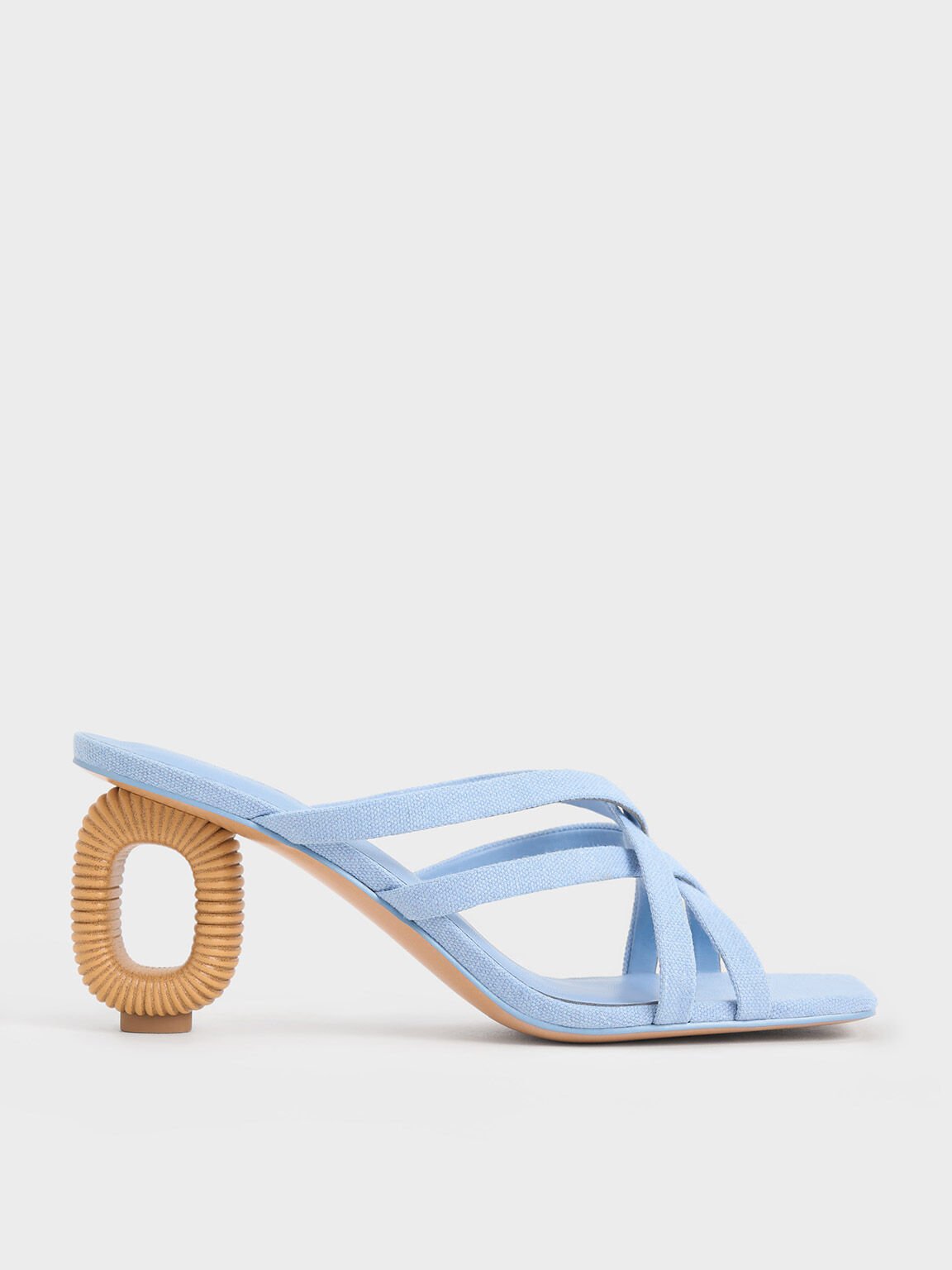 Linen Sculptural-Heel Strappy Mules, Light Blue, hi-res