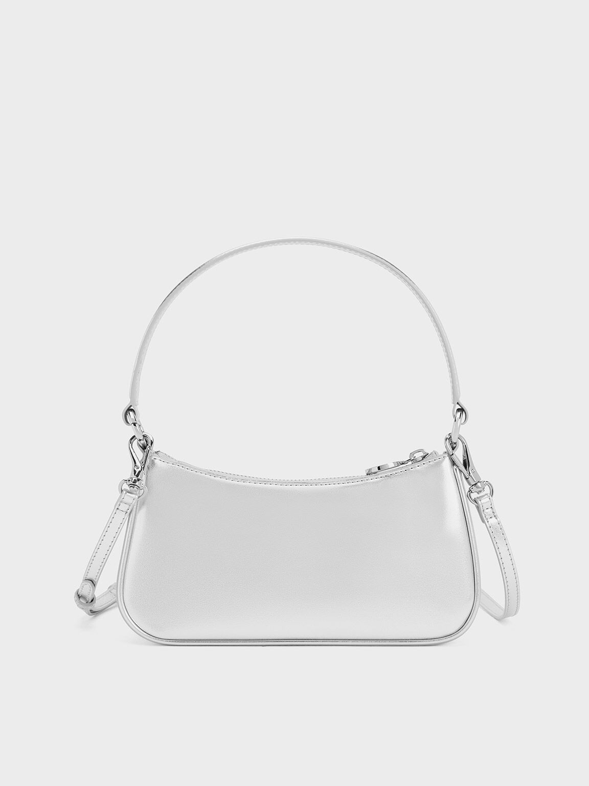 Metallic Curved Shoulder Bag, Silver, hi-res