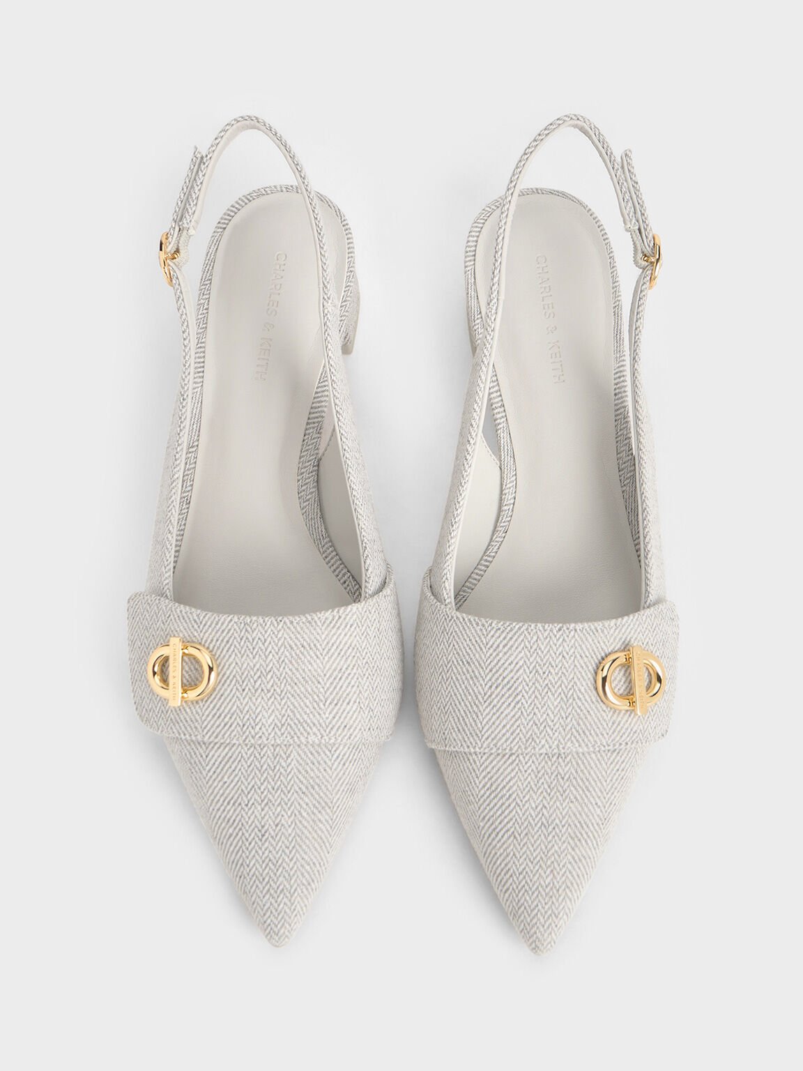 Tweed Metallic-Accent Pointed-Toe Slingback Pumps, Light Grey, hi-res