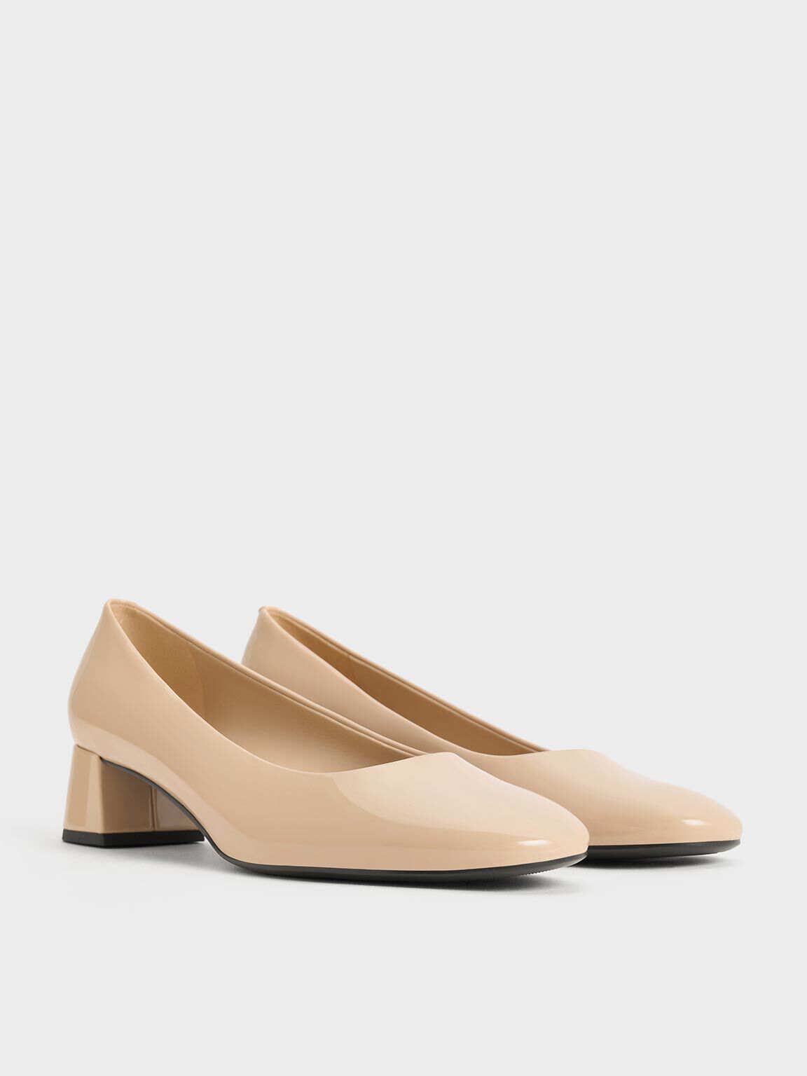 Giày cao gót mũi tròn Patent Round-Toe Block-Heel, Nude, hi-res