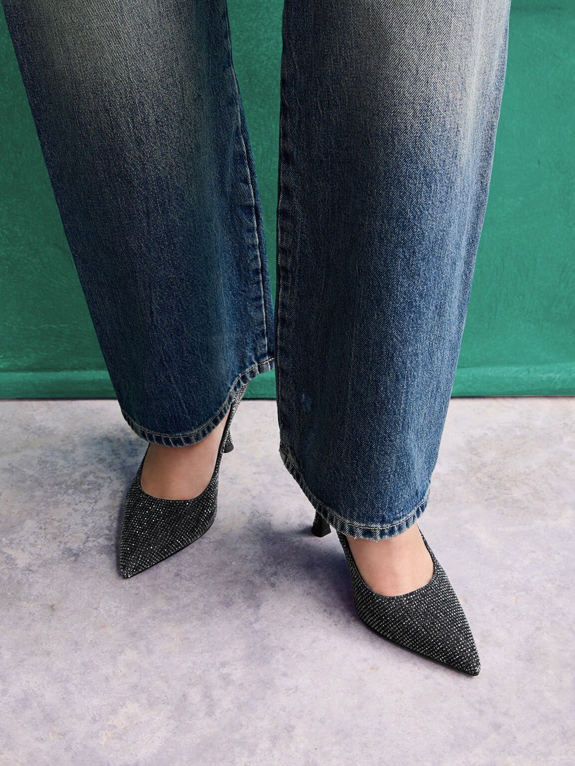 Denim Pointed-Toe Spool-Heel Pumps, Black Textured, hi-res