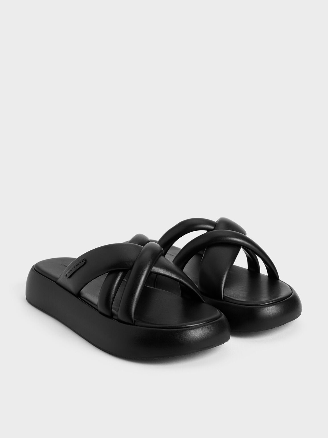 Puffy Crossover-Strap Slide Sandals, Black, hi-res