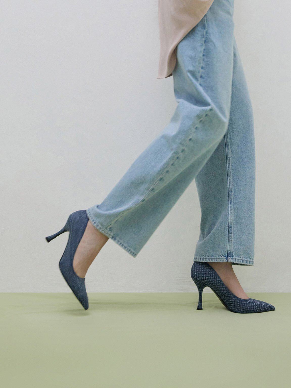 Giày cao gót mũi nhọn Denim Pointed-Toe Spool-Heel, Xanh denim, hi-res