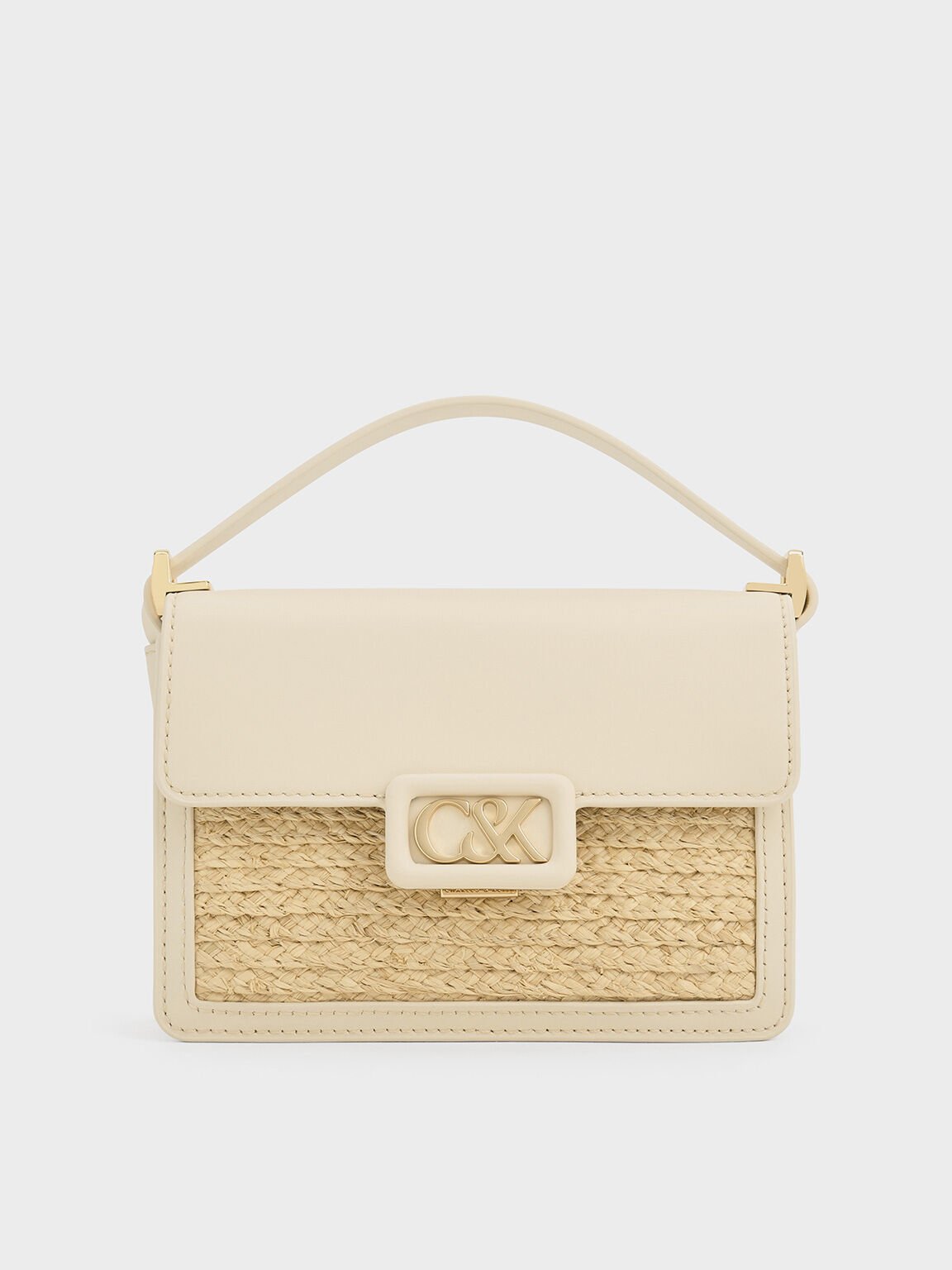 Túi đeo vai chữ nhật Leather & Raffia Boxy, Be, hi-res