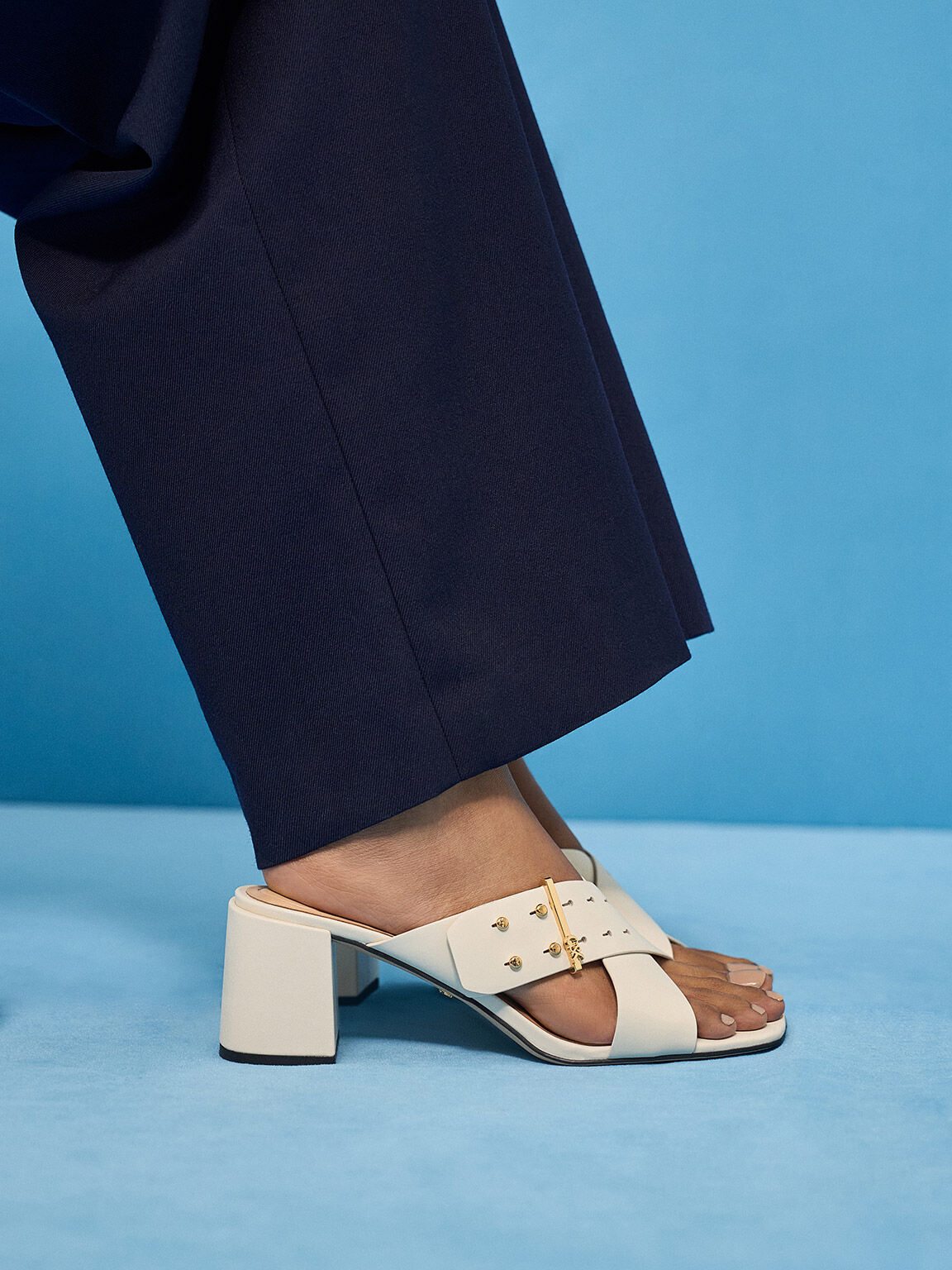 Leather Crossover Block Heel Mules, White, hi-res