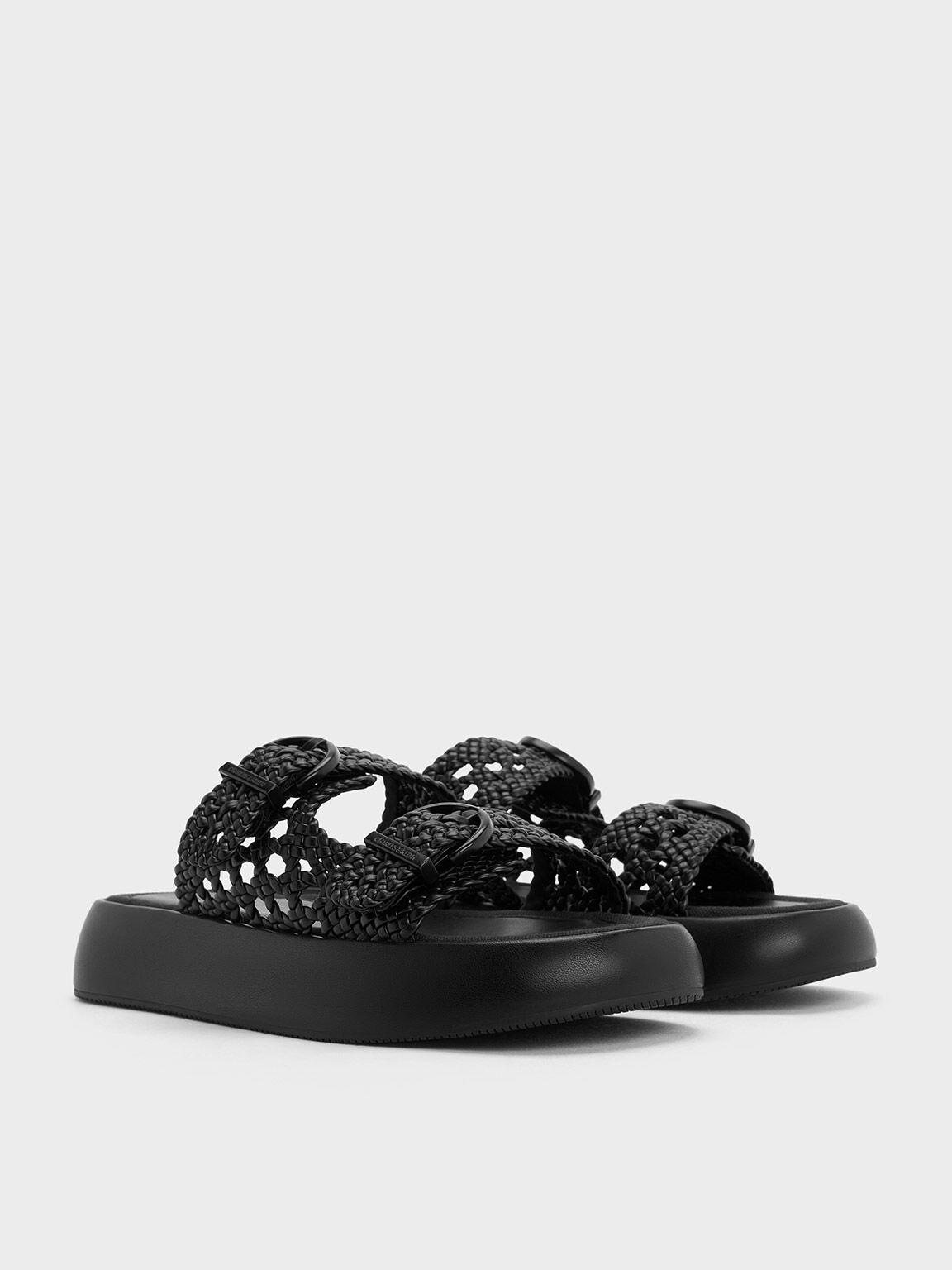 Woven Double-Strap Buckled Sandals, Black, hi-res