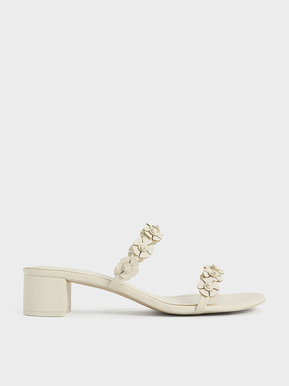 Giày mules cao gót Floral-Embellished Double-Strap, Phấn, hi-res