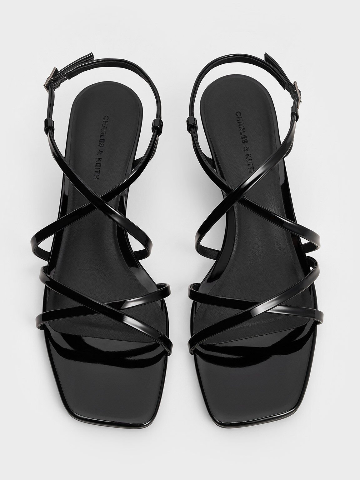 Giày sandals đế xuồng Patent Strappy, Đen bóng, hi-res