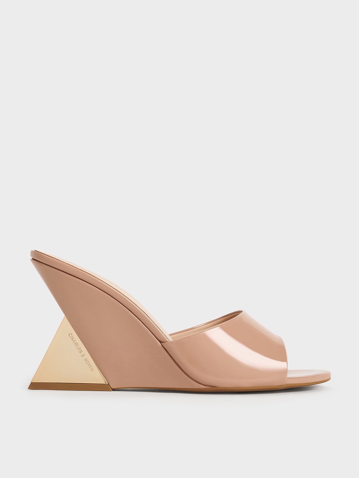 Patent Triangle-Heel Wedge Mules, Nude, hi-res