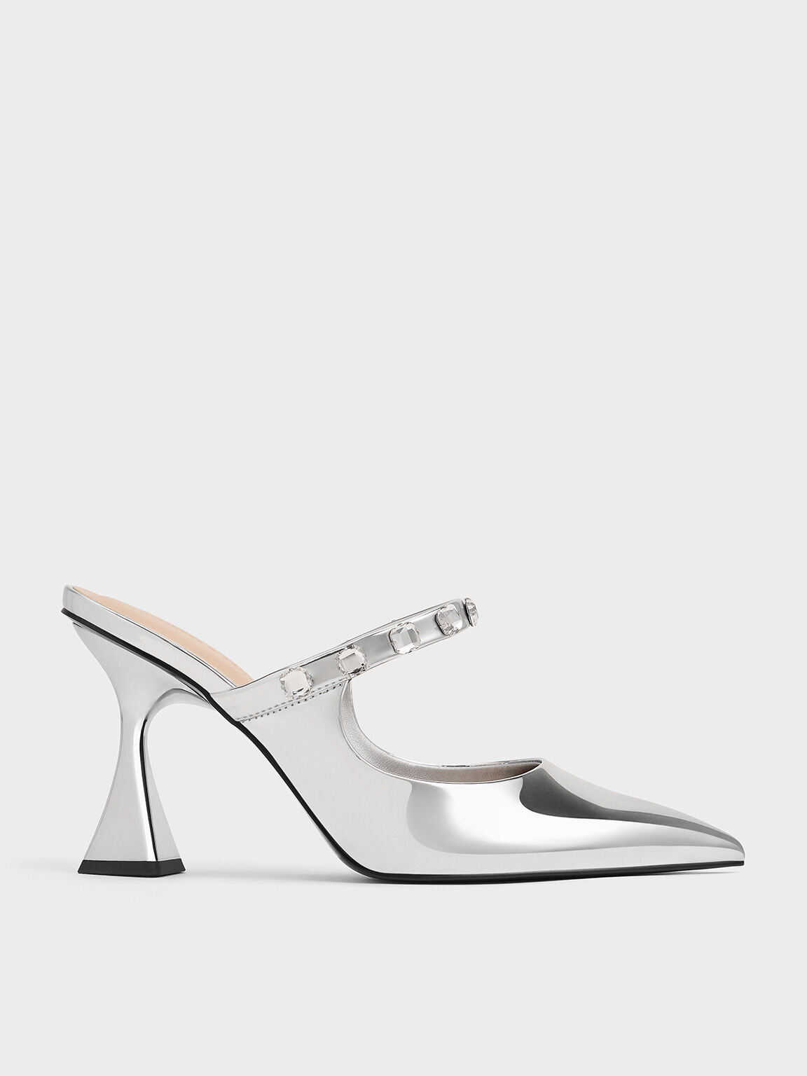 Metallic Gem-Embellished Spool-Heel Mules, Silver, hi-res