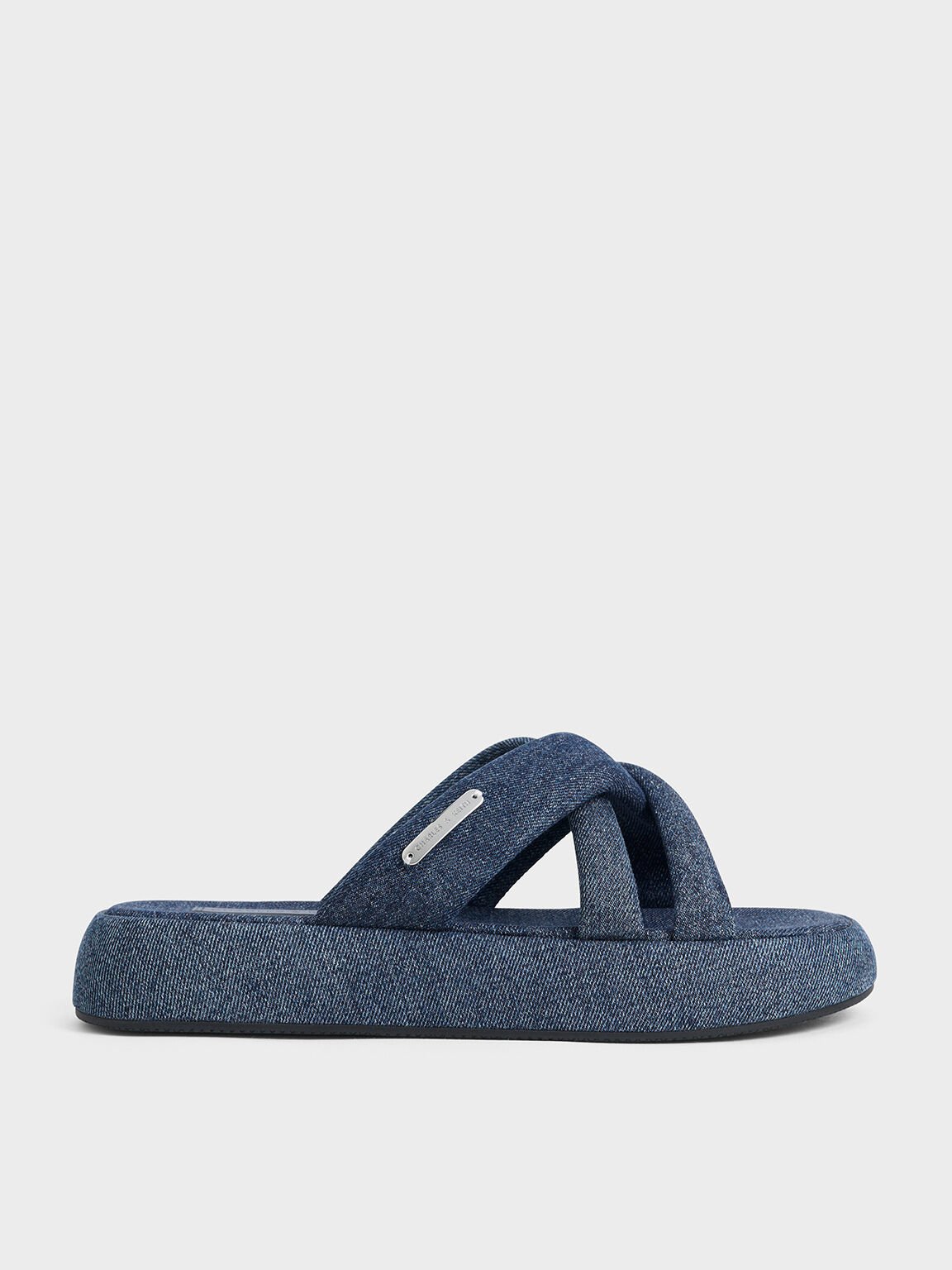 Denim Puffy Crossover-Strap Slide Sandals, Denim Blue, hi-res