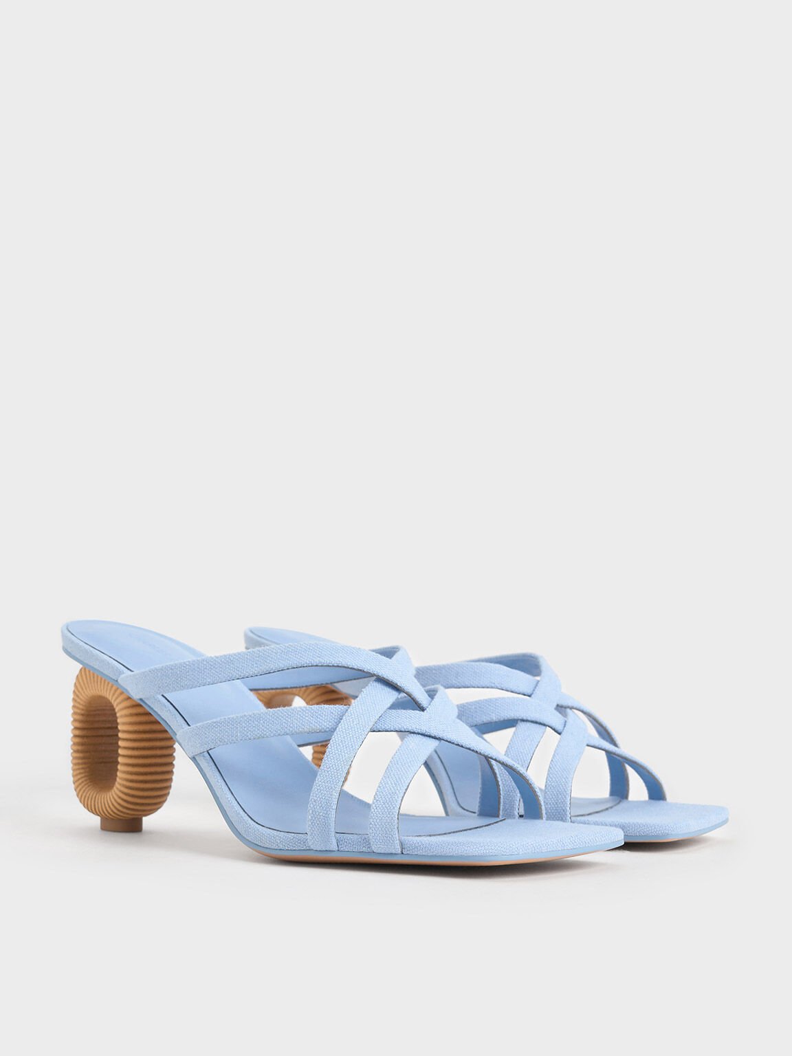 Linen Sculptural-Heel Strappy Mules, Light Blue, hi-res