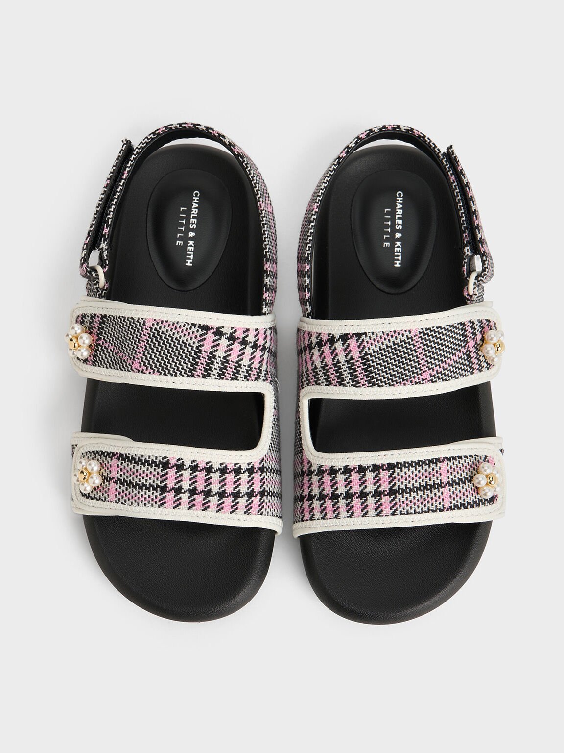 Giày sandals bé gái Plaid Beaded-Flower, Hồng, hi-res