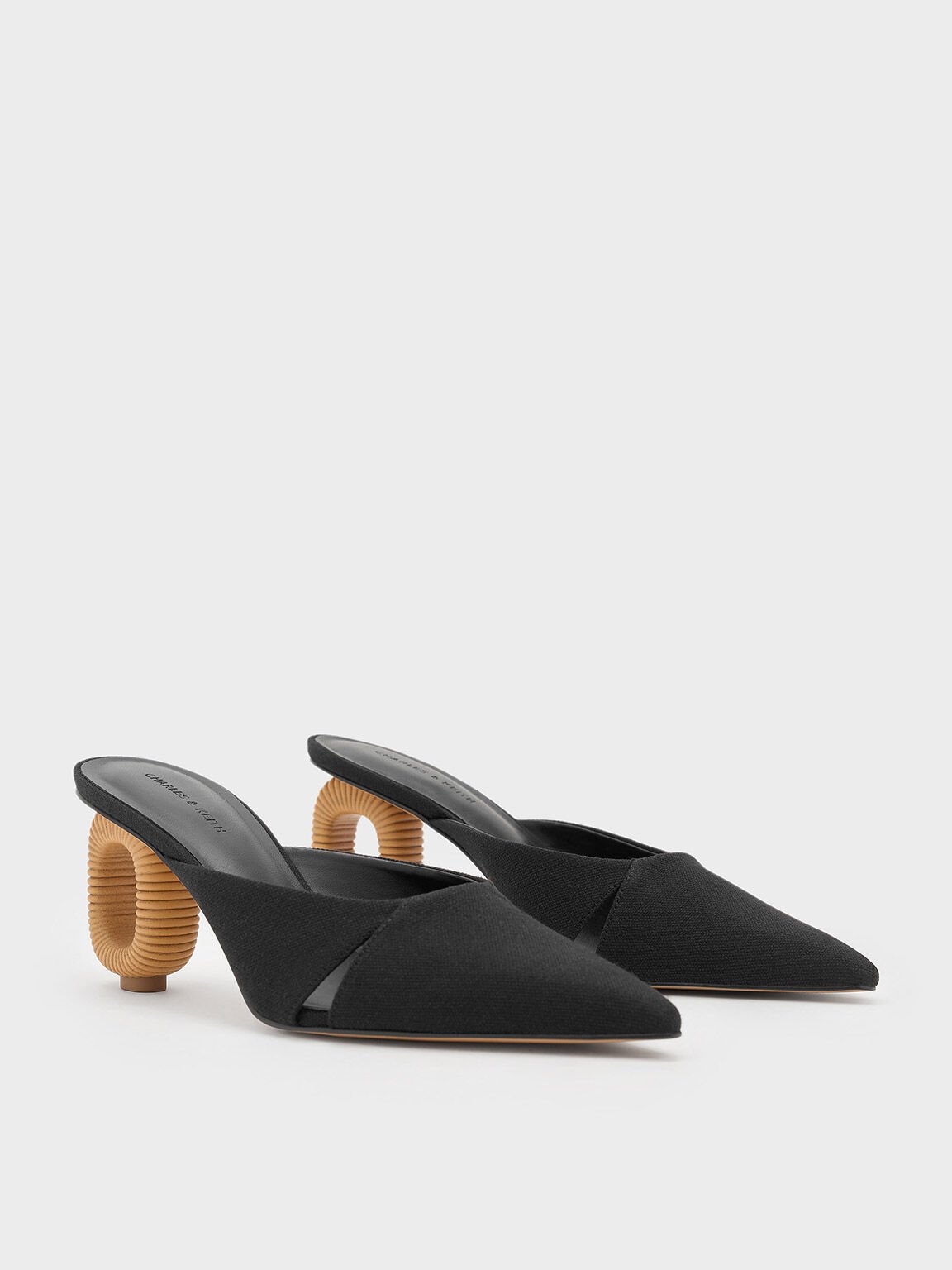 Giày mules cao gót Linen Cut-Out Sculptural-Heel, Đen họa tiết, hi-res