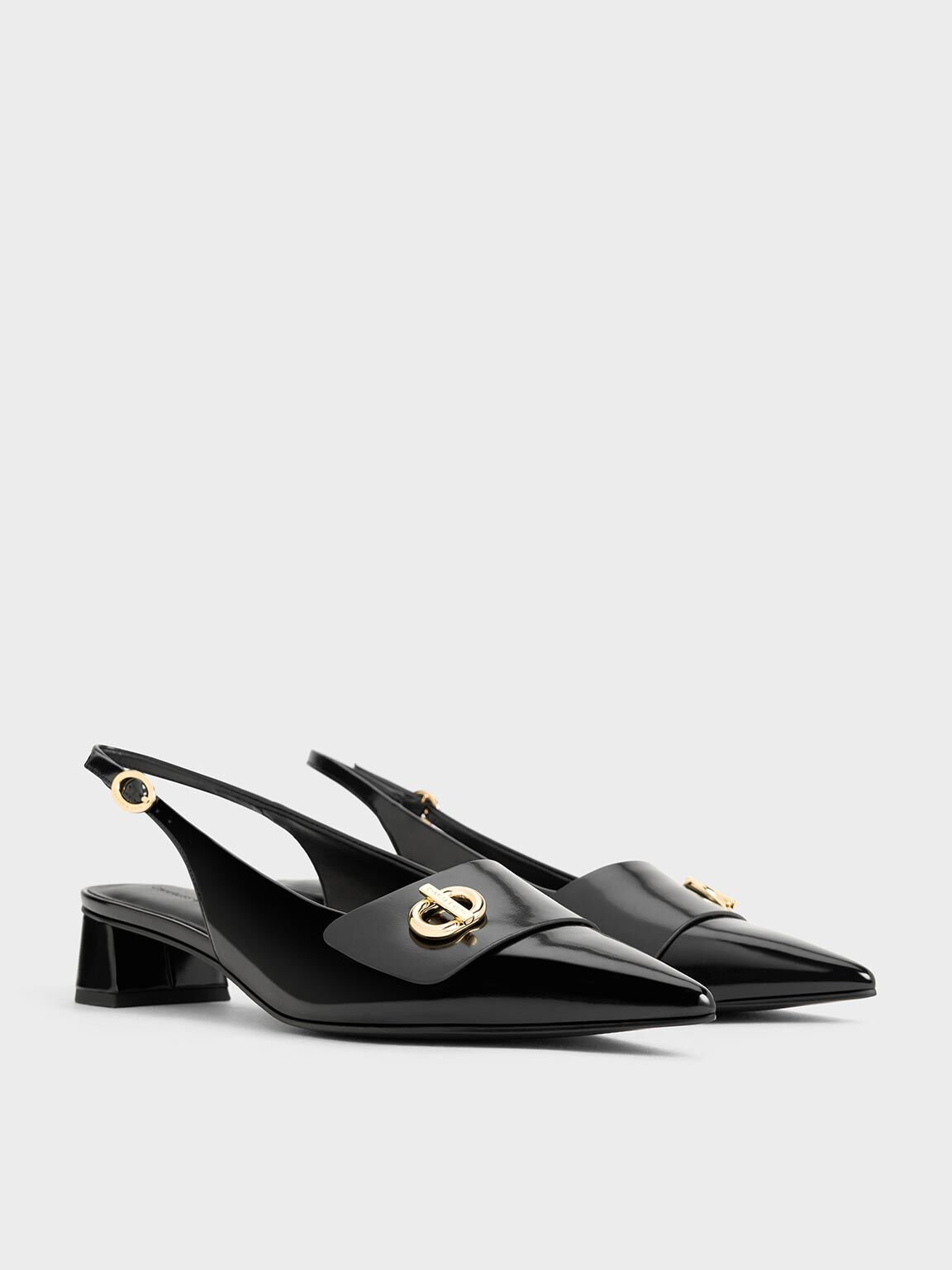 Metallic-Accent Pointed-Toe Slingback Pumps, Black Boxed, hi-res