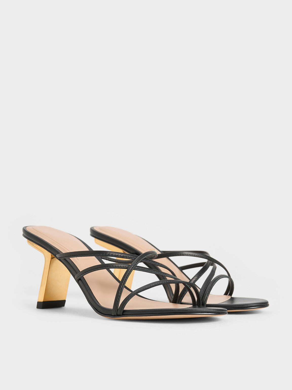 Giày mules cao gót Orly Leather Strappy Slant-Heel, Đen, hi-res