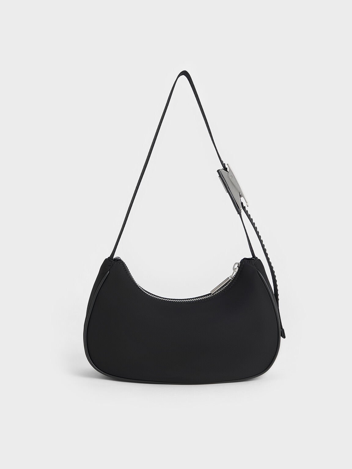 Nylon Curved Metallic-Accent Shoulder Bag, Noir, hi-res