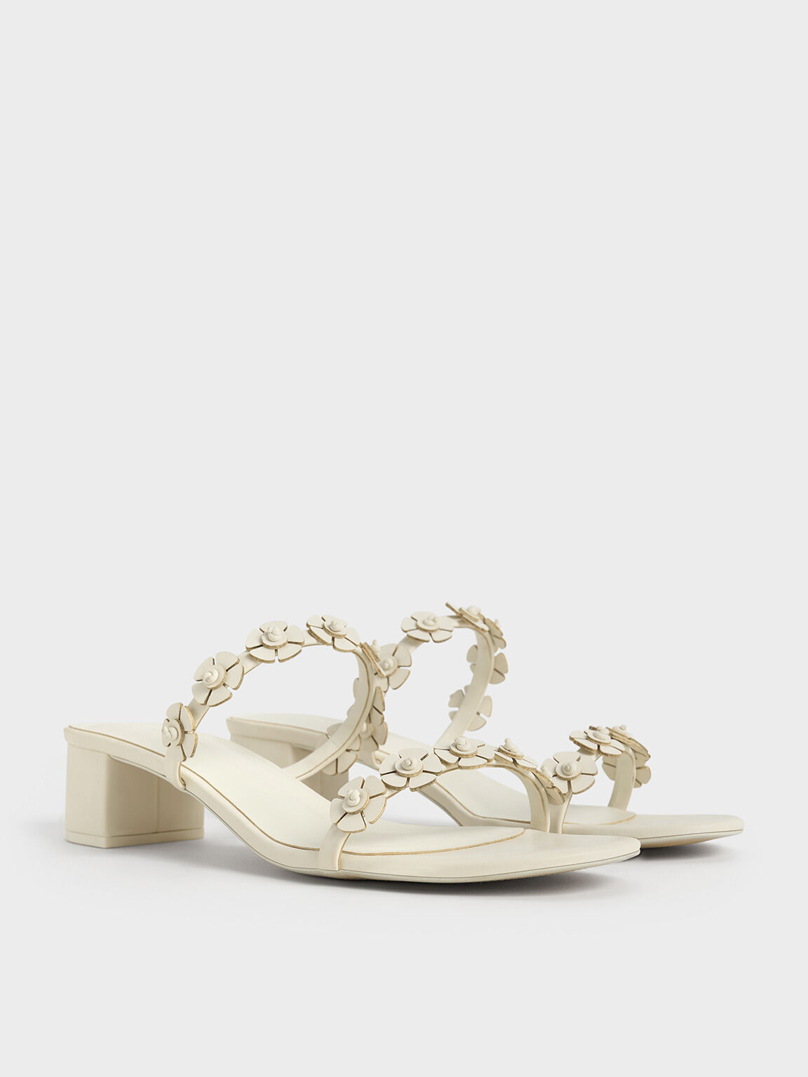 Floral-Embellished Double-Strap Sandals, Chalk, hi-res