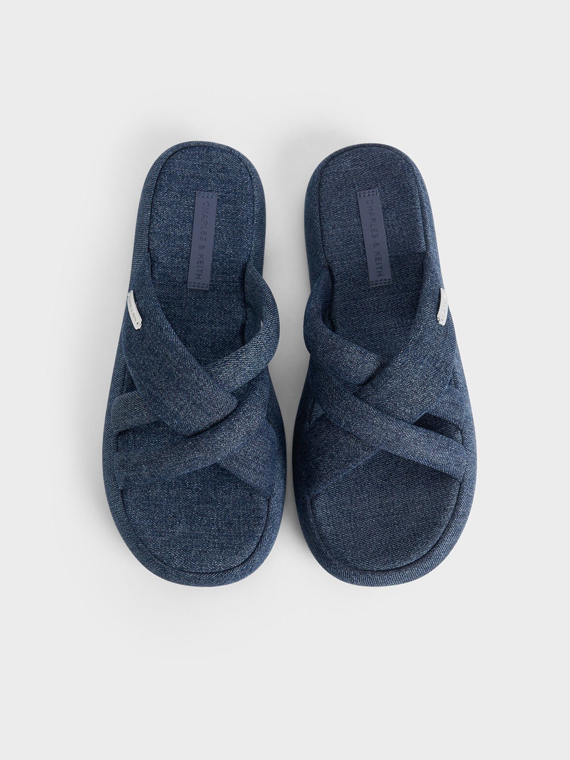 Denim Puffy Crossover-Strap Slide Sandals, Denim Blue, hi-res