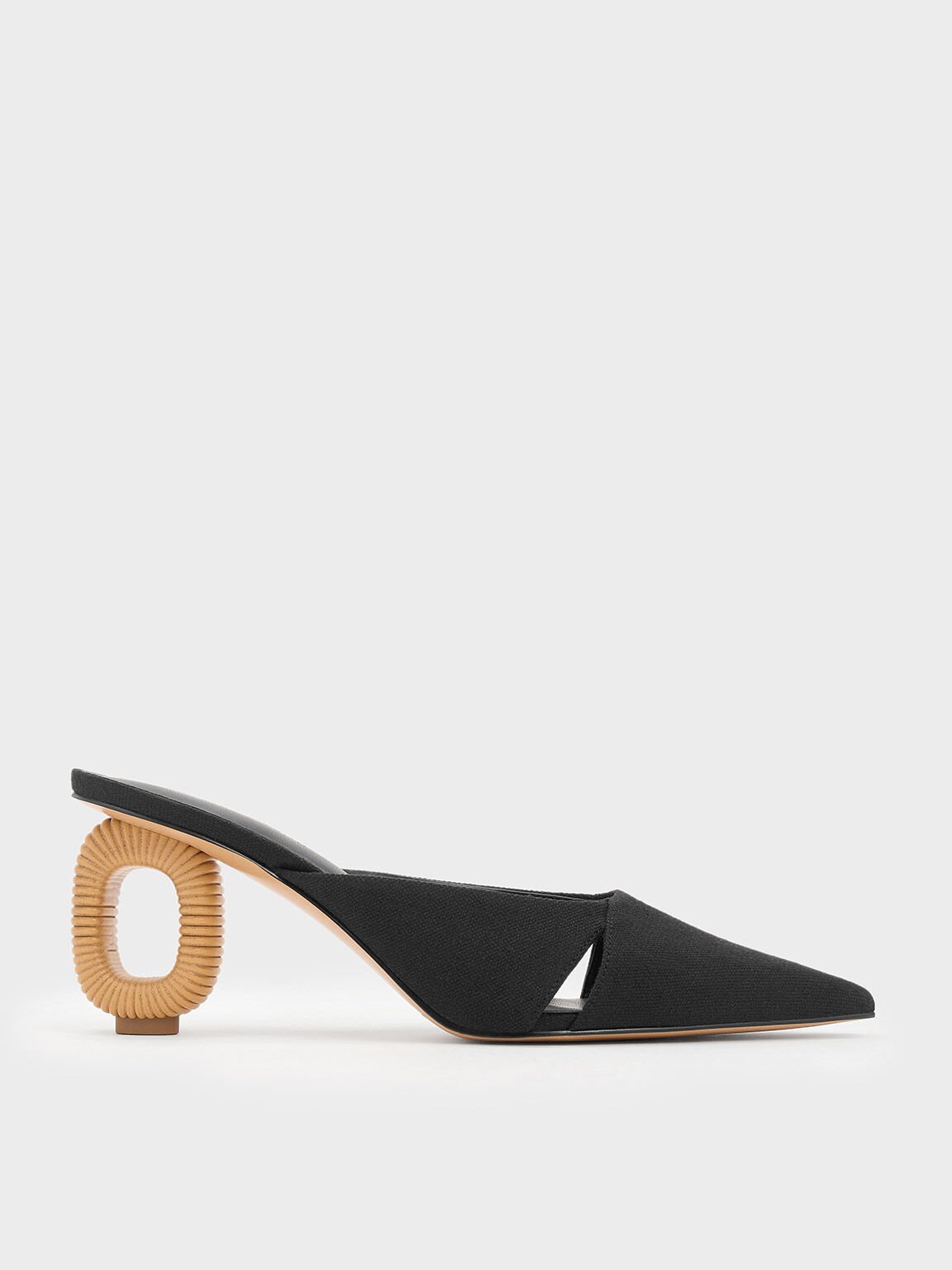 Linen Cut-Out Sculptural-Heel Mules, Black Textured, hi-res