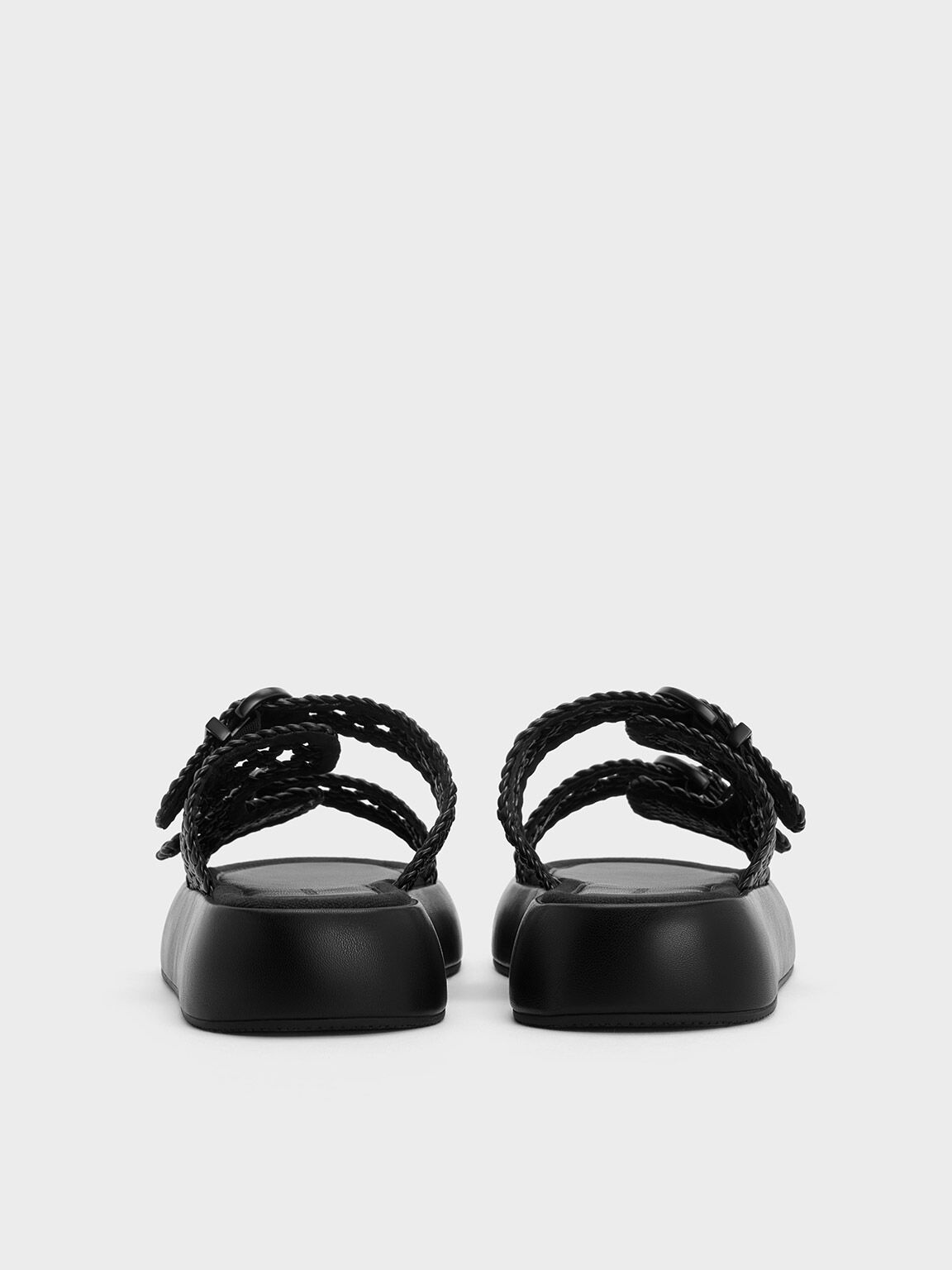 Woven Double-Strap Buckled Sandals, Black, hi-res