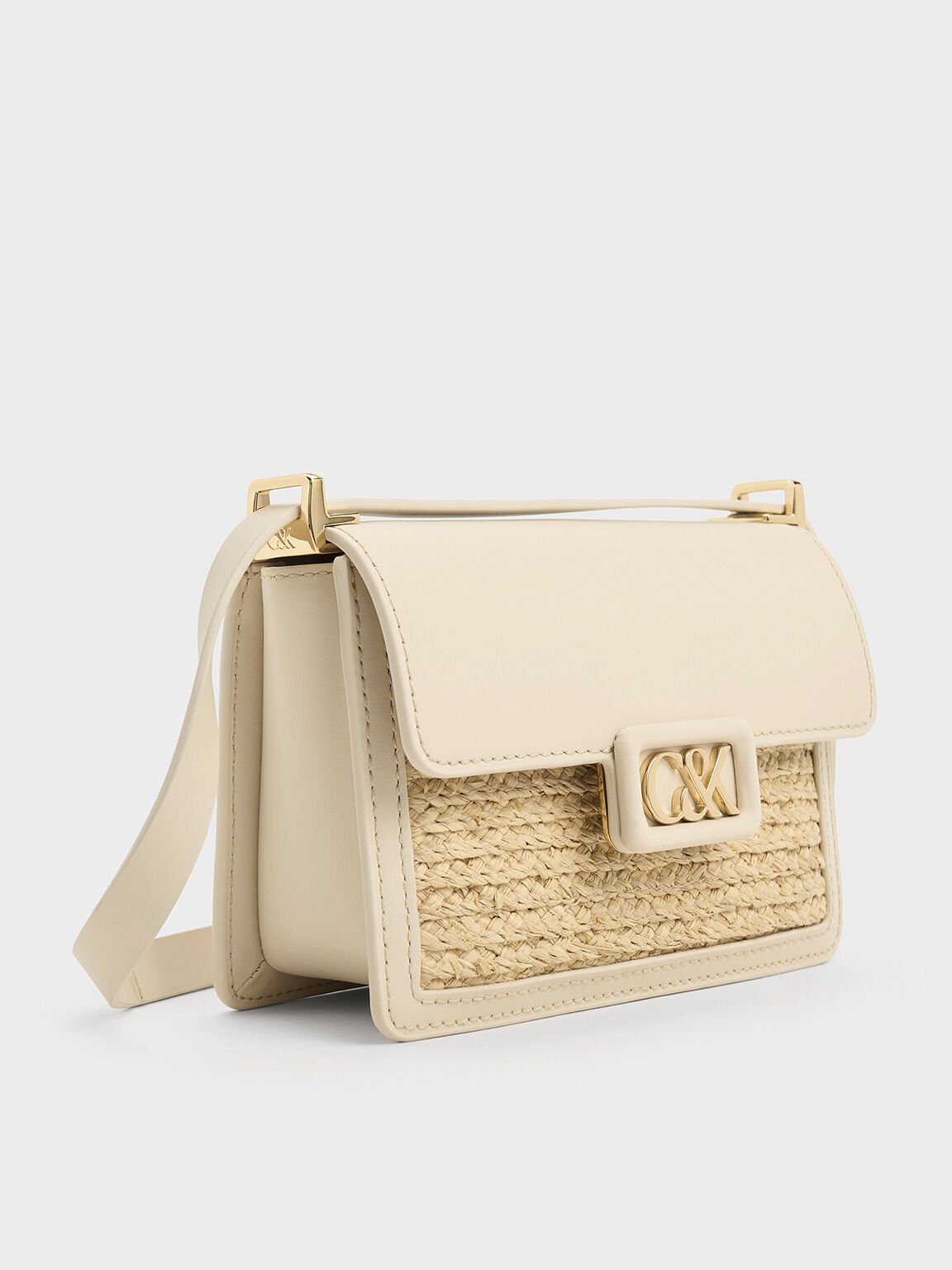 Túi đeo vai chữ nhật Leather & Raffia Boxy, Be, hi-res