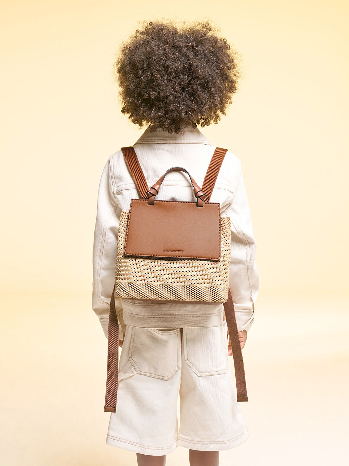 Girls' Ida Knitted Front Flap Backpack, Beige, hi-res