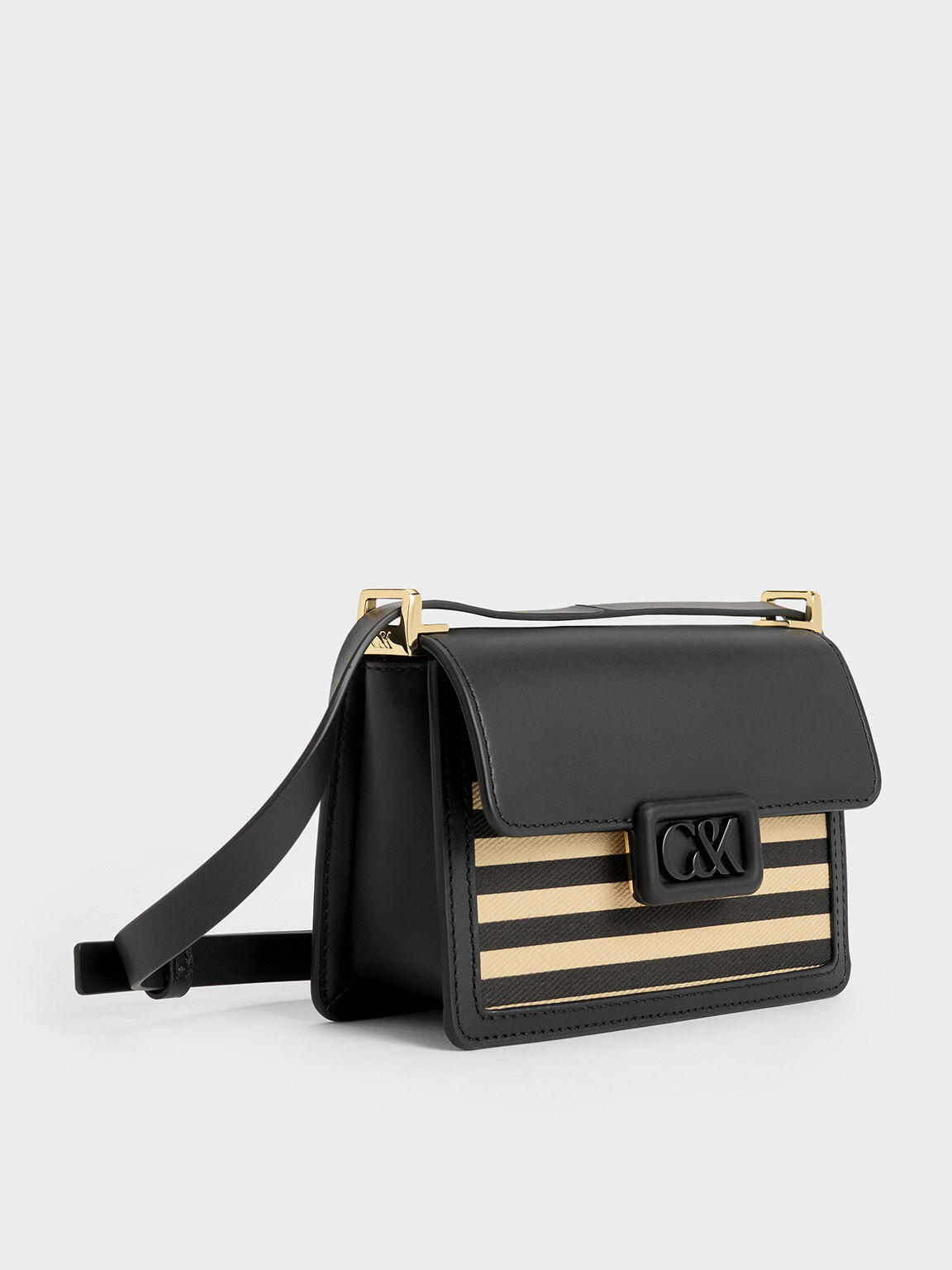 Túi đeo vai chữ nhật Leather & Canvas Striped Boxy, Nhiều màu, hi-res