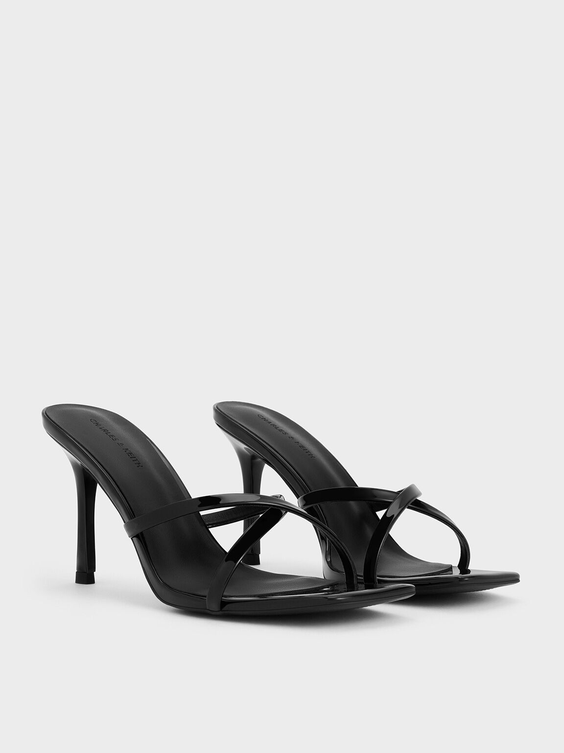 Patent Crossover-Strap Stiletto-Heel Sandals, Black Patent, hi-res