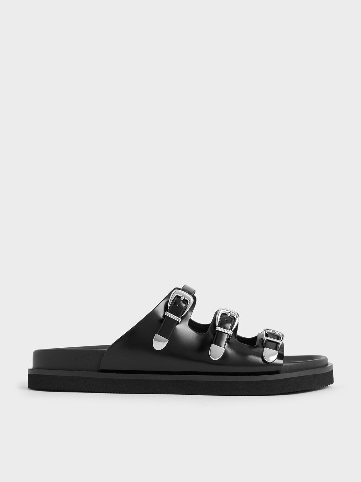 Buckled Triple-Strap Sandals, Black Boxed, hi-res